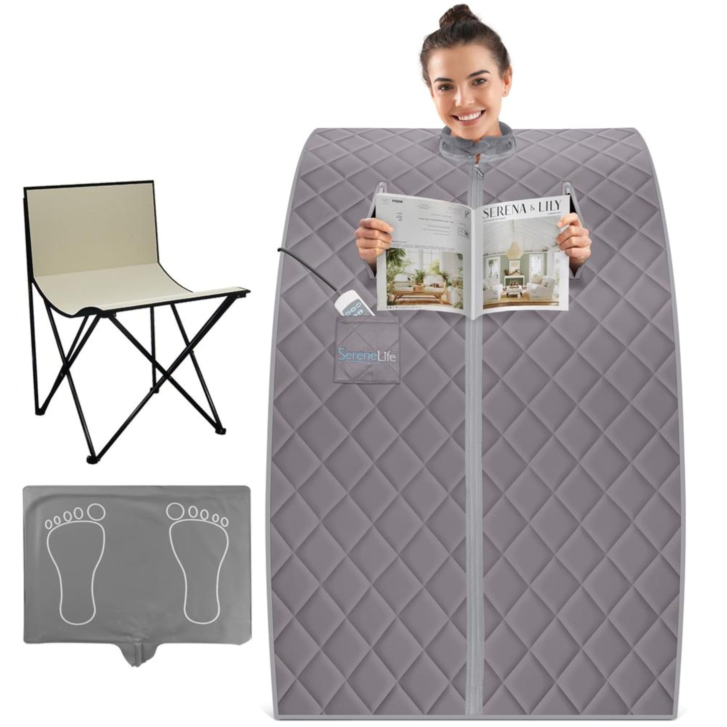 SereneLife Portable Infrared Home Spa | One Person Sauna | Heating Foot Pad and Chair, Gray (SLISAU10GRY)