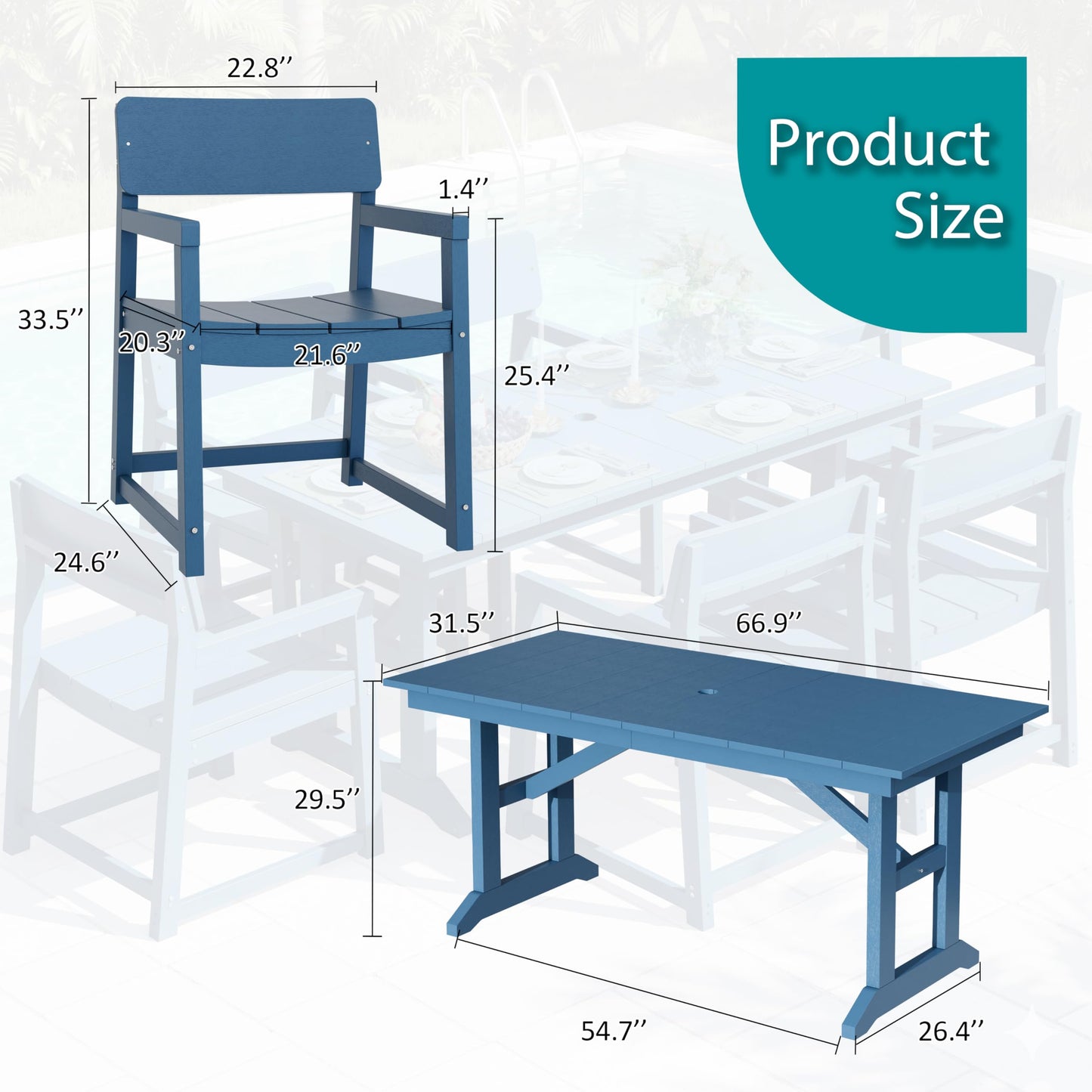 Shintenchi 7 Pieces Outdoor Dining Set,HDPE Outdoor Table and Chairs Set for 6,All Weather Patio Furniture Sets with Umbrella Hole,Modern Wooden Textured Dining Sets for Backyard,Garden,Blue