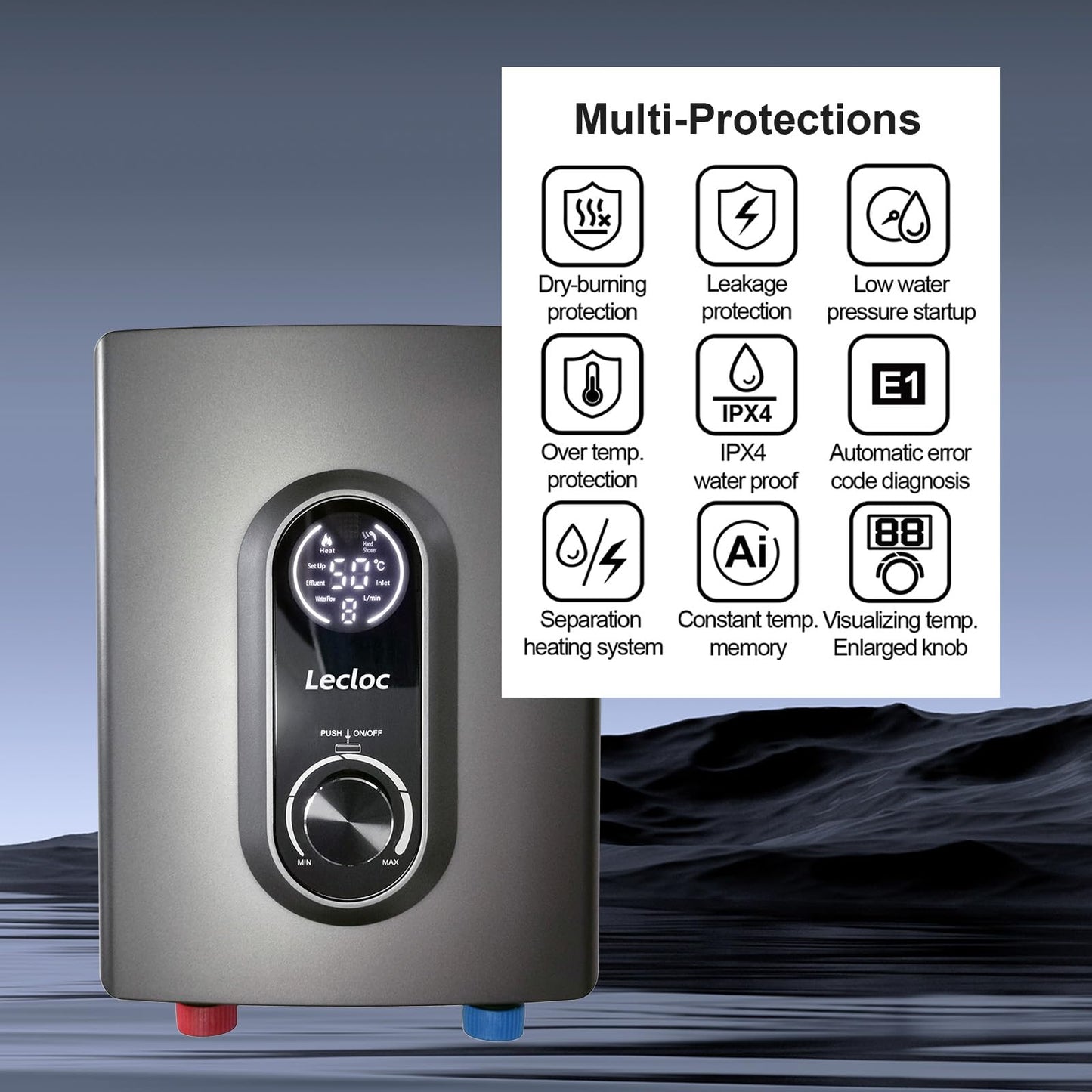 LECLOC Mini Instant Under Sink Tankless Water Heater 120V 3500W (Hard-wired), LED Digital Display with Big Knob, IPX4, Multiple Safety Features, 30-55℃ Thermostatic Point of Use Electric Water Heater