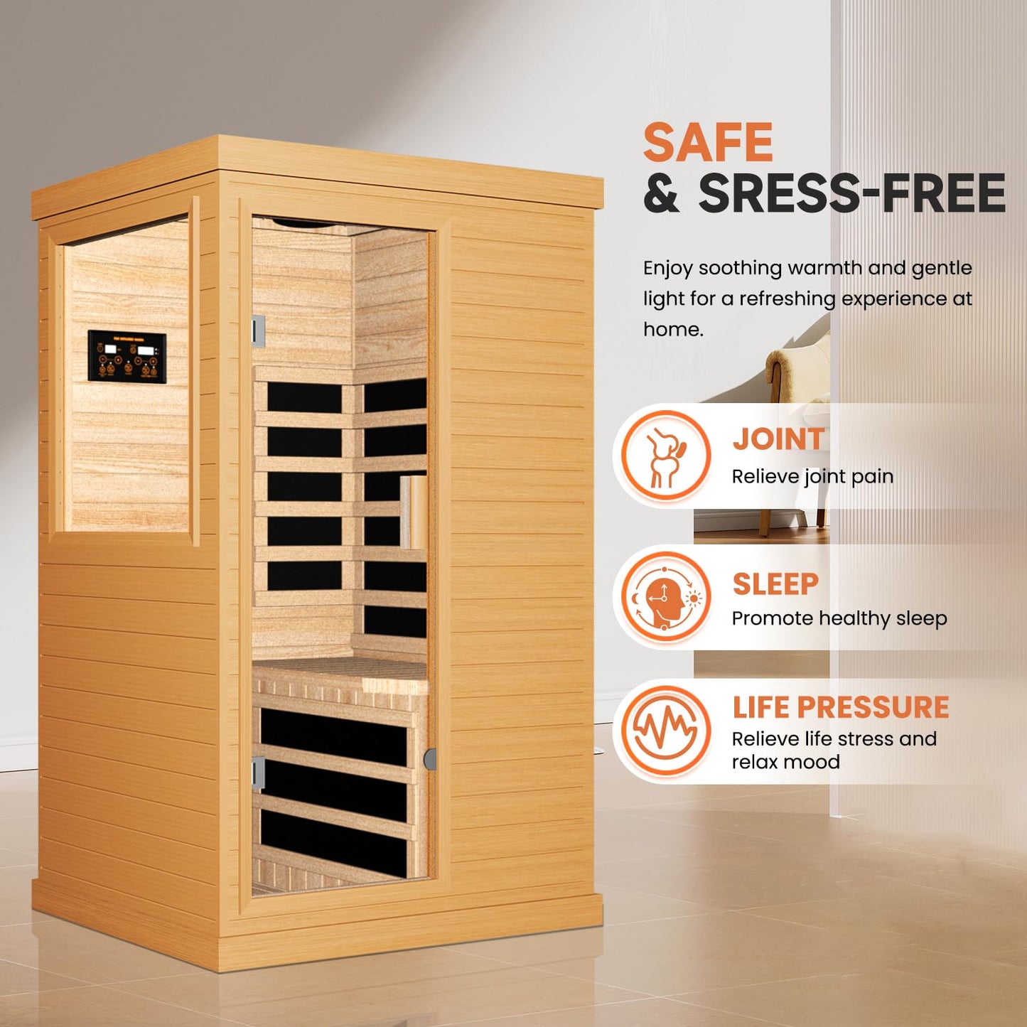 OUTEXER Far Infrared Sauna Home Sauna Spa Room Canadian Hemlock Wood 1200W Indoor Saunas Low EMF 110V with 7 Color Light and Tempered Glass Door, Room: 35.2 * 27.6 * 61.6Inch