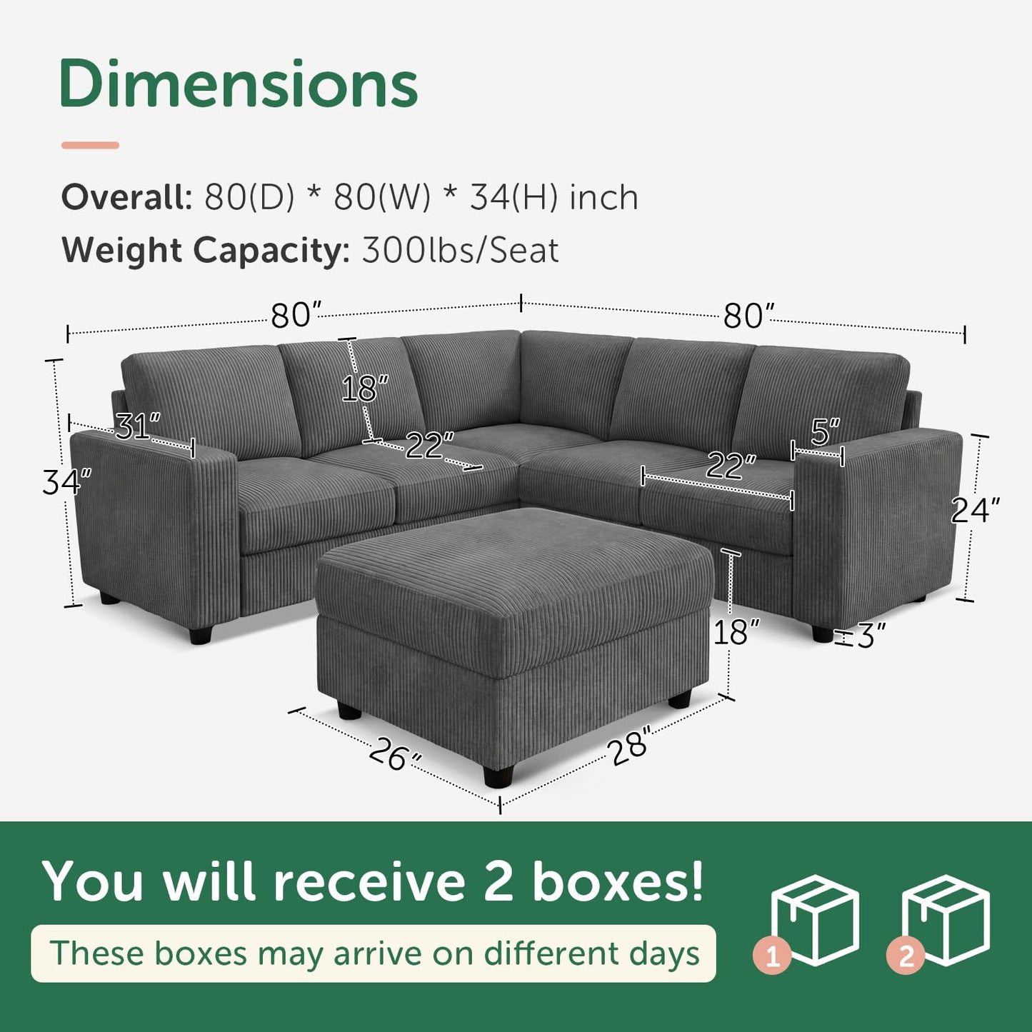 HONBAY Sectional Sofa with Storage 6 Seater L-Shaped Sectional Couches for Living Room, Grey