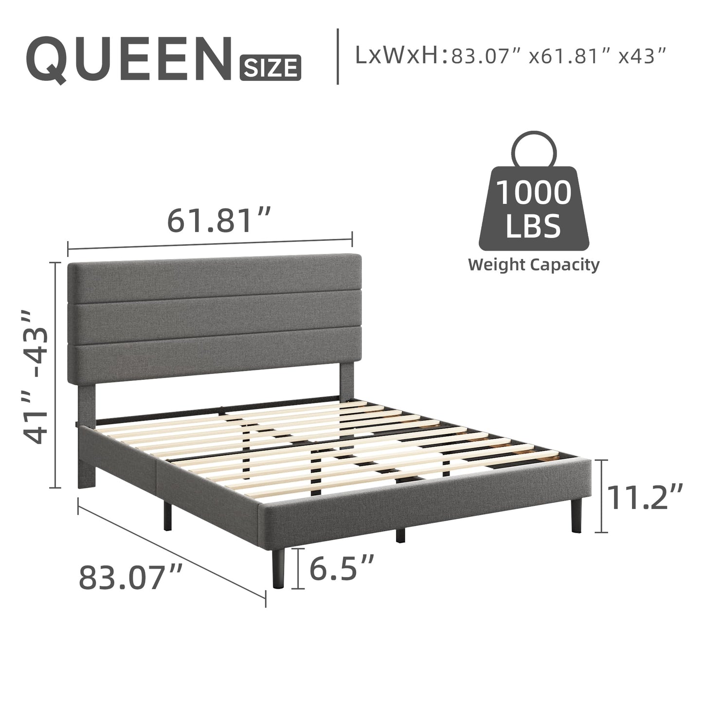 Mxhtcewz Queen Platform Bed Frame with Adjustable Linen Fabric Upholstered Headboard, Strong Slats Support, Noise-Free, No Box Spring Required, Easy Assembly for Bedroom Guest Room, Grey