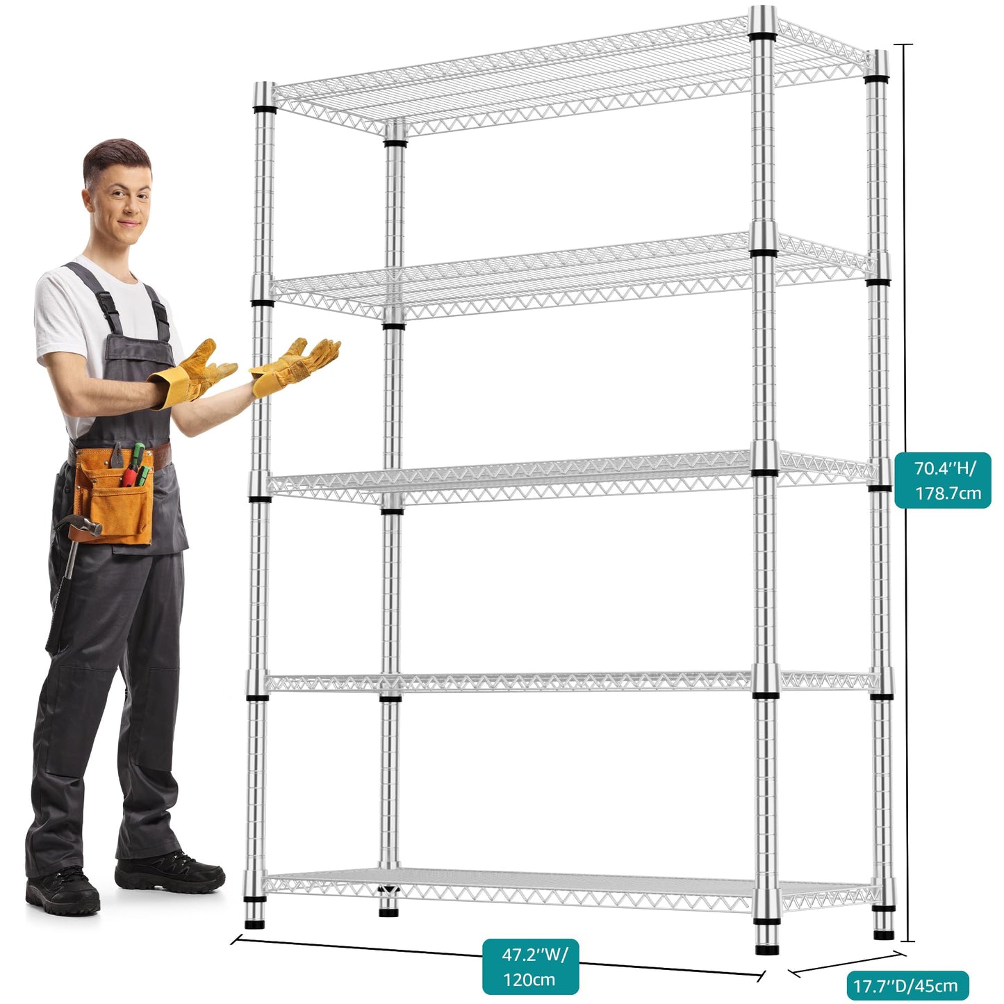 M MZG 5 Tiers Shelf Metal Storage Shelves 3300 lbs Steel Storage Shelving Utility Shelving Unit Steel Organizer Wire Rack for Home,Kitchen,Office,Garage Chrome 17.7" D x 47.2" W x 70.3" H