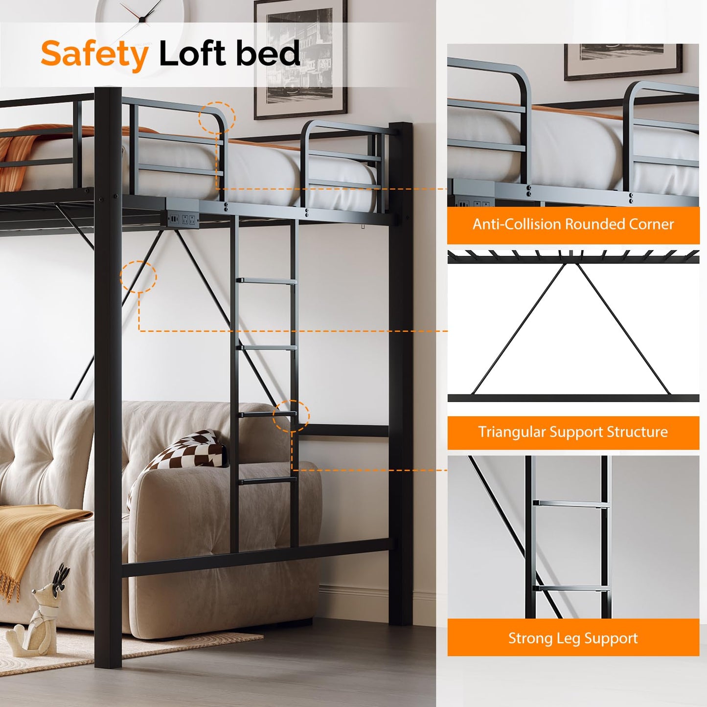 VINGLI Loft Bed Queen Size with Charging Station and LED Lights,Safety Guardrail and Stair for Teens/Adults, No Box Spring Needed, Heavy Duty Metal Support Slat, Black