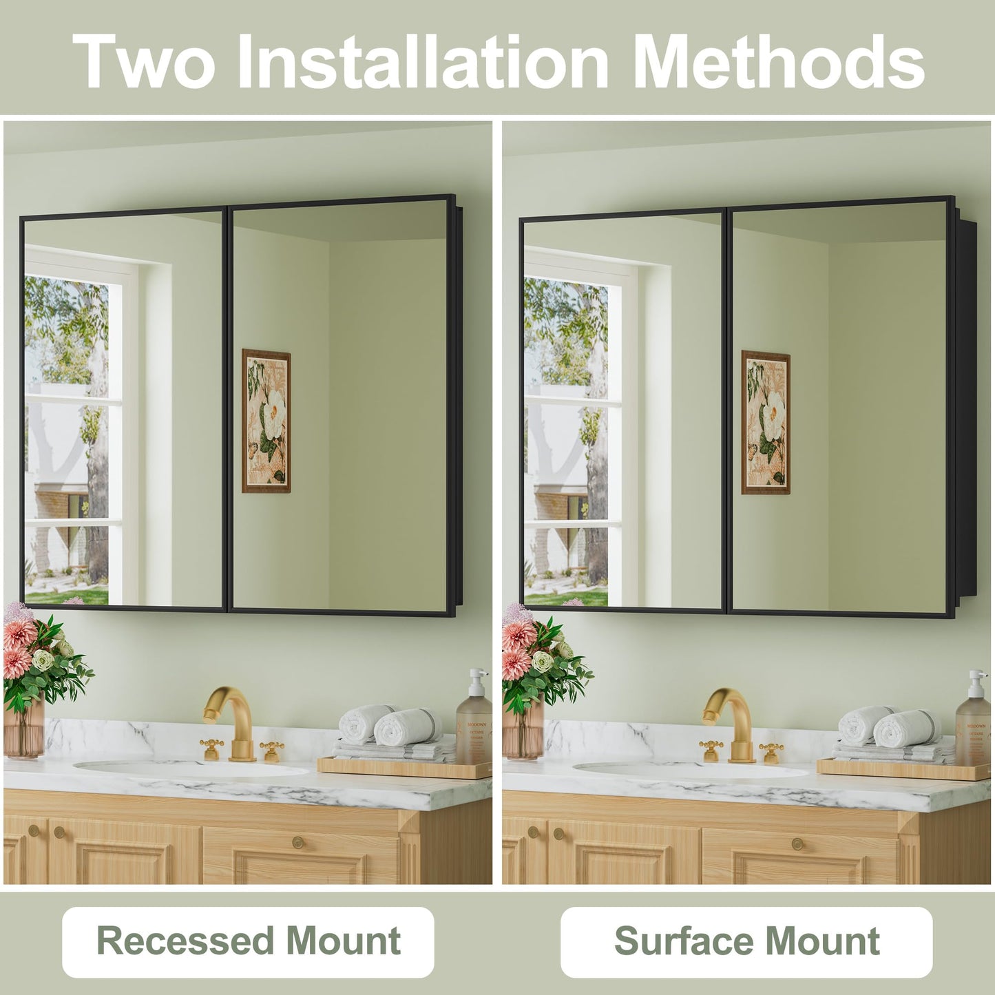 Buruis 36" x 30" Framed Medicine Cabinet with Mirror, Recessed or Wall Mounted Bathroom Cabinet, Adjustable Tempered Glass Shelves, Left/Right Open Reversible, No Assembly Required, Black