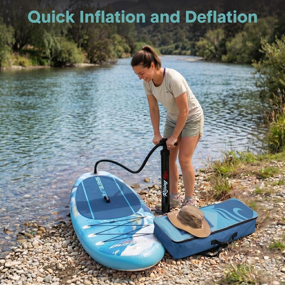 SereneLife Inflatable Stand Up Paddle Board - Wide Stable Design, Non-Slip Deck for Adults & Youth with Premium Paddle Board Accessories: Carry Bag, Dual Action Pump, Paddle, Ankle Leash - 10'6"