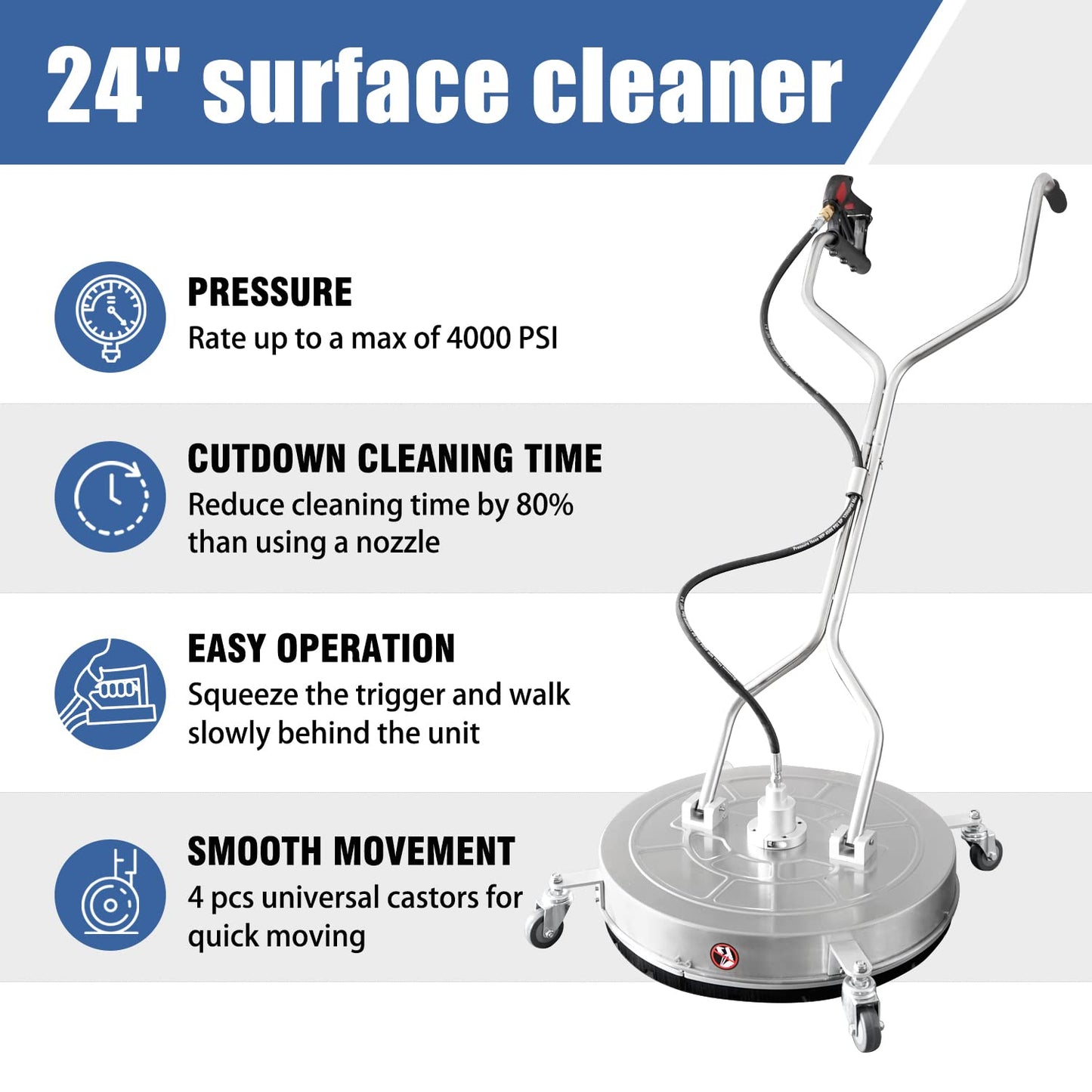 JANZ 24'' Pressure Washer Surface Cleaner with 4 Wheels,Dual Handle,Stainless Steel Housing, 4 Replacement Nozzle Cores and 2 Hose Adapters,Ideal for Driveways, Sidewalks,Patios,Decks Cleaning