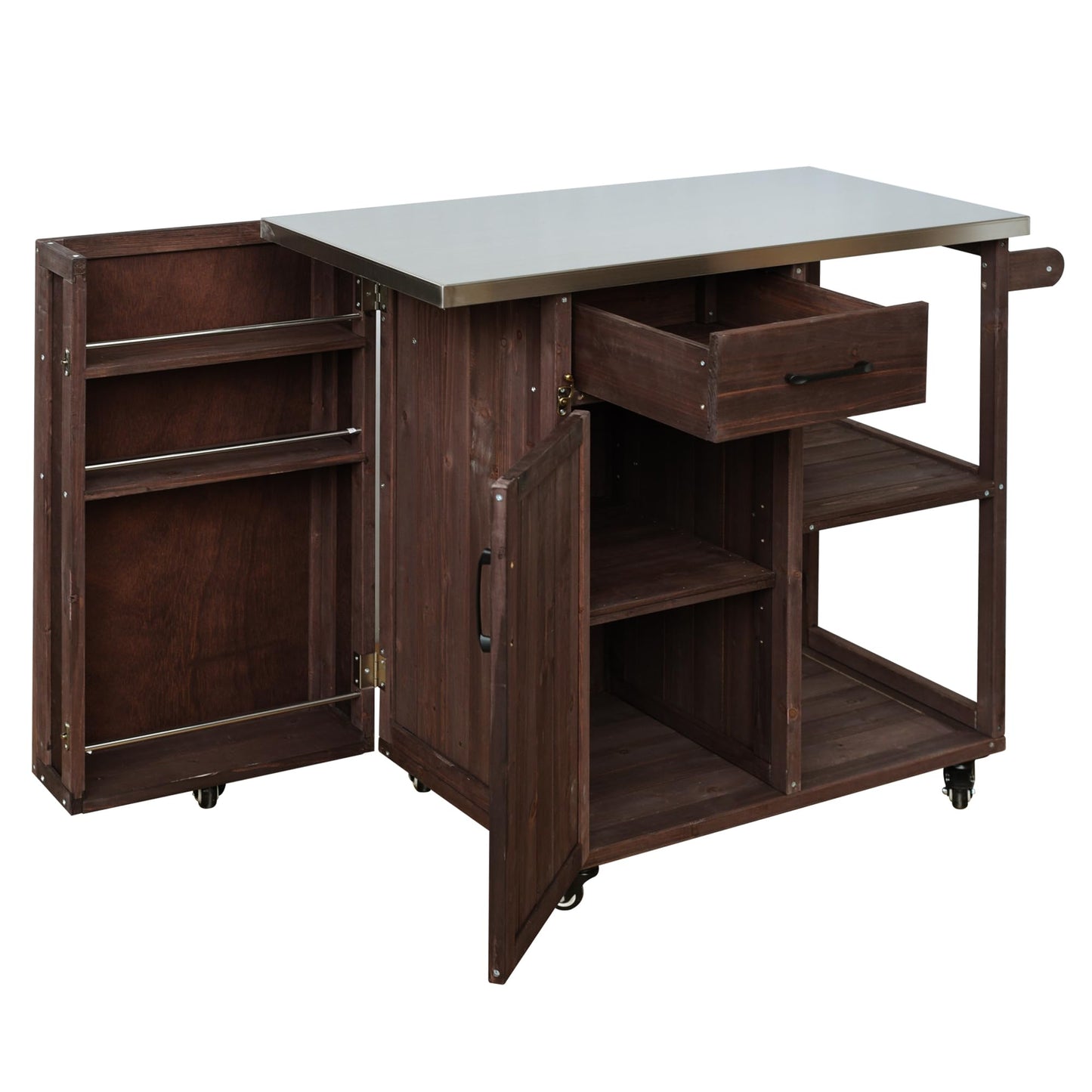Outdoor Kitchen Island Cart with Stainless Steel Top, Rolling Grill Table with Storage Cabinet Drawer Shelves & Towel Rack, Wooden BBQ Prep Station with Lockable Wheels for Patio Backyard, Dark Brown