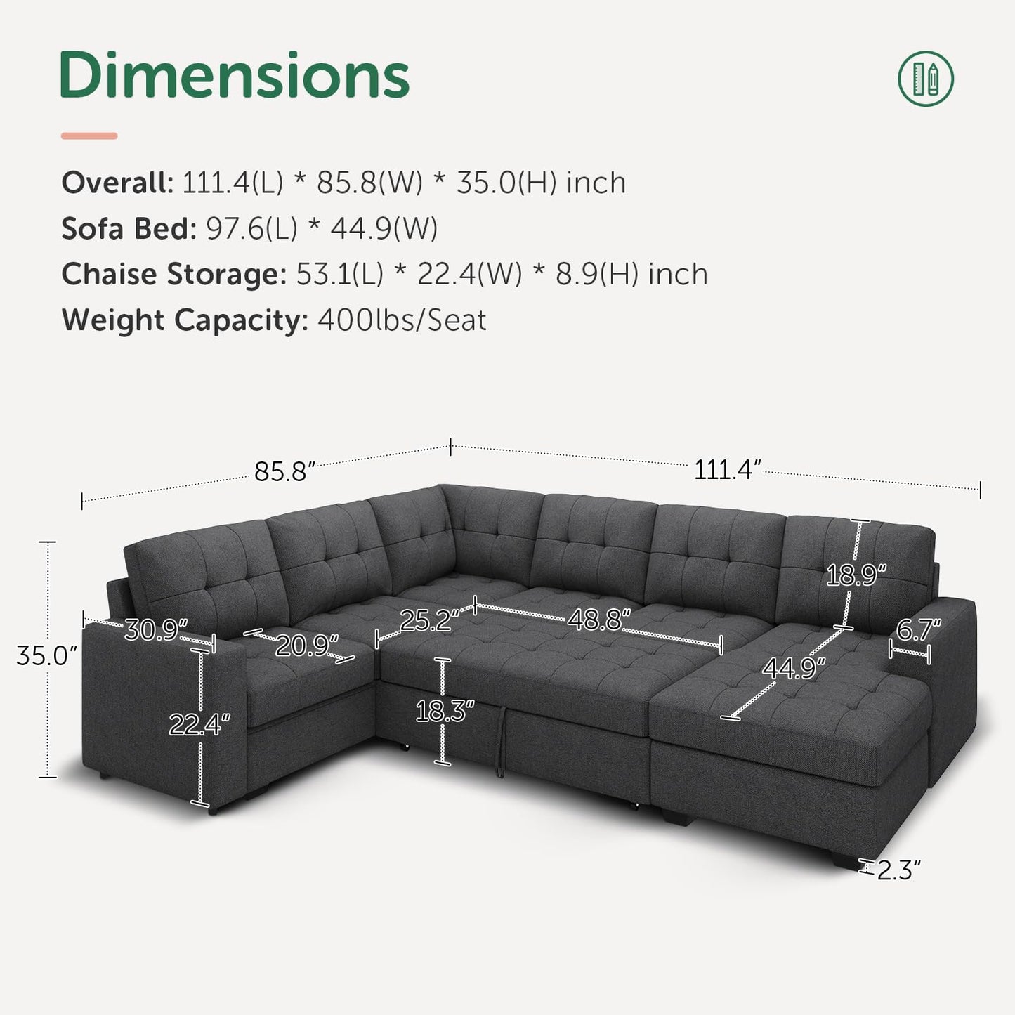 HONBAY Sectional Sleeper Sofa Pull Out Bed with Storage Chaise, Sleeper Sectional Sofa Couch, Sectional Sleeper Bed for Living Room, Dark Grey