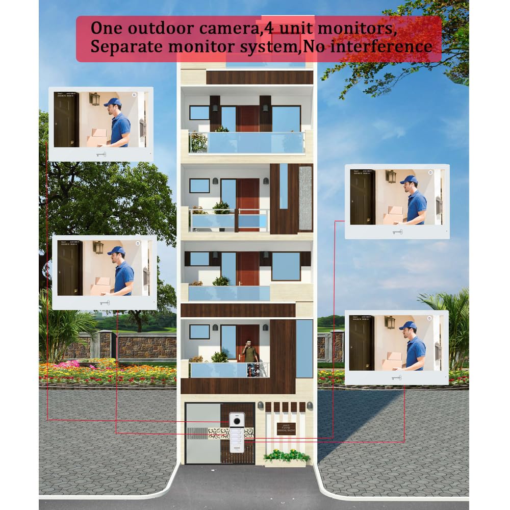 Wired Apartment Video Doorbell Intercom System,4 Units 10 Inch Touch WiFi Monitor,Wireless Video Door Phone Kit,Indoor Outdoor Support Monitoring,Unlocking,Two Way Intercom Tuya for Home Vally