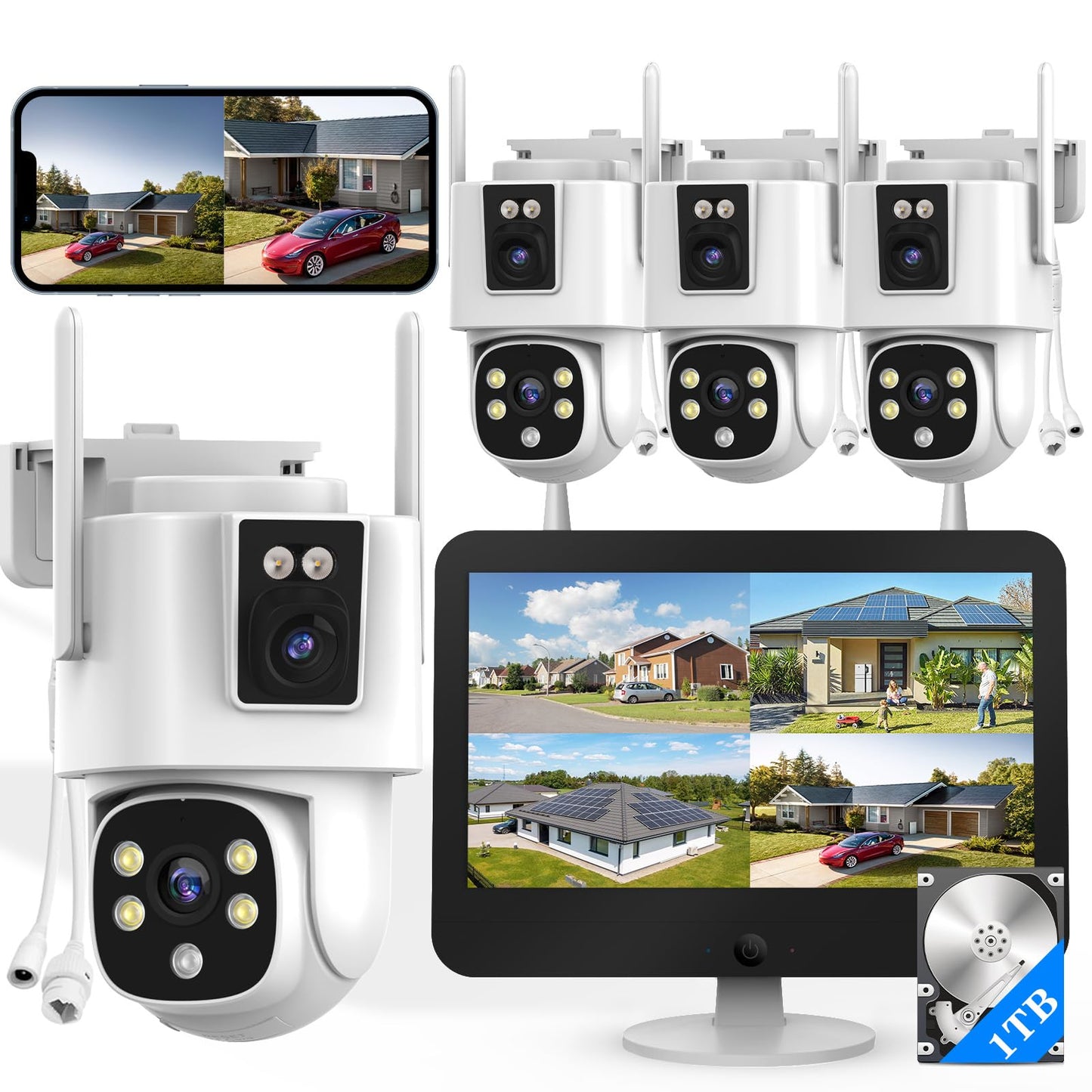 Wireless Outdoor Security Camera System, Wkkengd Dual Lens Dual Screen Auto Tracking 4 Home Surveillance Camera Set 12.5" Monitor 1TB 10CH NVR Color Night Vision 2 Way Audio Wi-Fi 6 Alexa Compatible