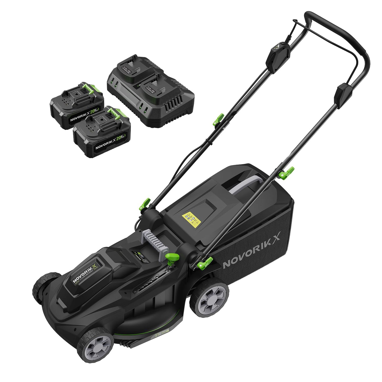 NovorikX 40V 17-Inch Cordless Lawn Mower, Brushless Electric Lawn Mower with Dual 4.0Ah Batteries & Charger, 6 Cutting Heights, 2-in-1 Mulching & Bagging