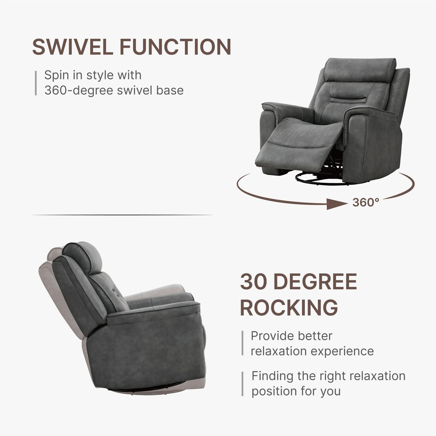 KISLOT Leather Recliner Chair, 360° Swivel Rocker Faux Leather Manual Recliner with Adjustable Backrest & Footrest Ergonomic Single Lounge Chair for Living Room, Bedroom, Home Theater