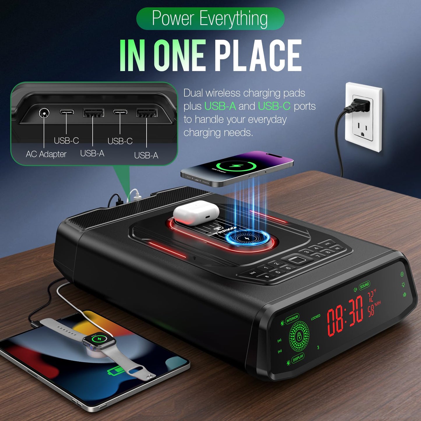 TRRKO Biometric Gun Safe with Built-in Speaker, High-Accuracy & Fast-Response Fingerprint, Wireless Charging Station, Fully Auto-Open Drawer, Fits 2 Pistols, Bedside Handgun Safe for Nightstand