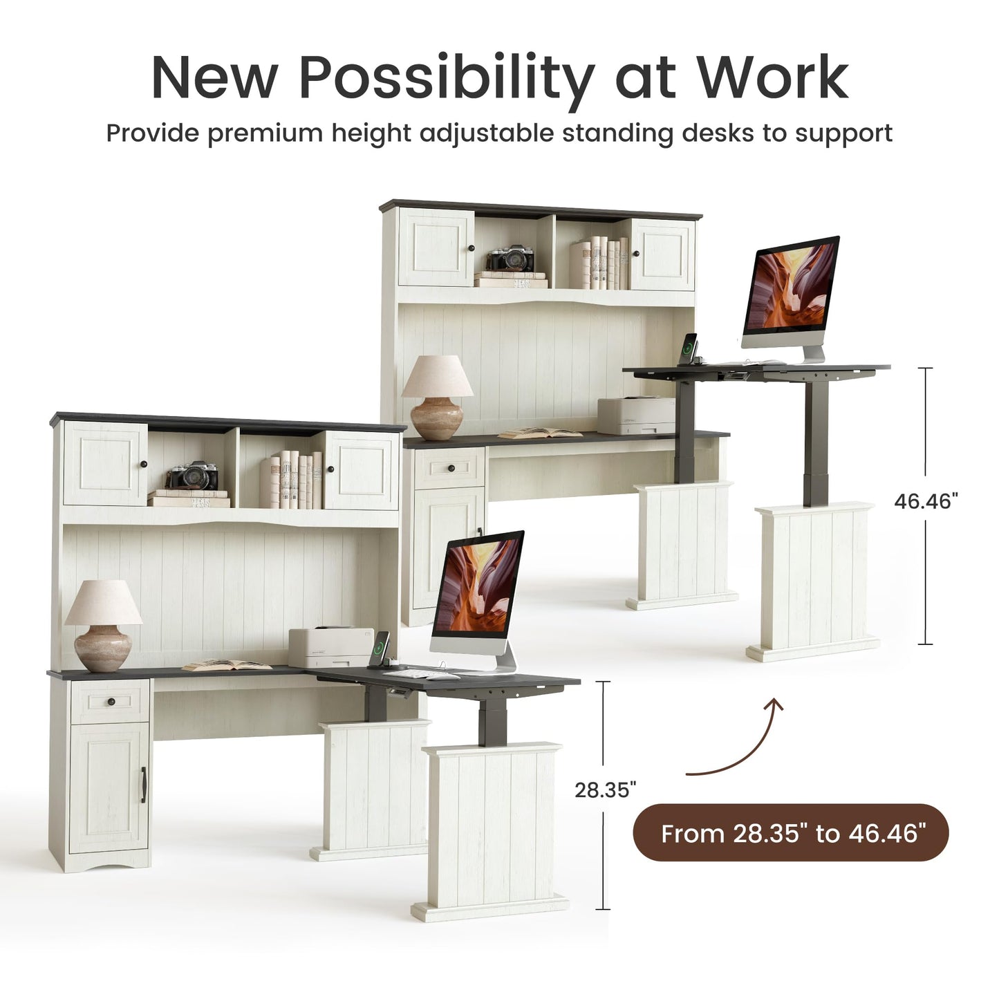 BANTI 60" Adjustable L Shaped Executive Desk with Hutch and Storage Cabinet, Farmhouse Computer Desk with Charging Station, Reversible Home Office Workstation, Antique White