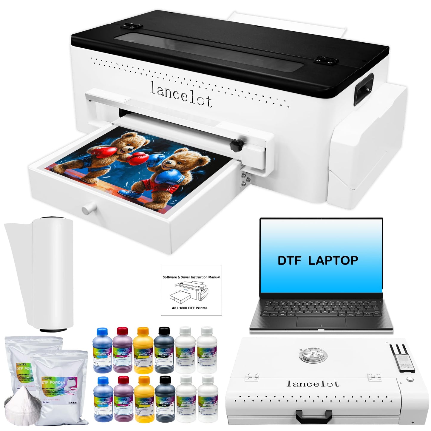 Lancelot A3 l1800 DTF Transfer Printing Machine with Roll Feeder, White Ink Circulation and Easy Operation,DTF Printer Bundle for Dark and Light Clothing (Printer+Oven+Laptop+consumable)