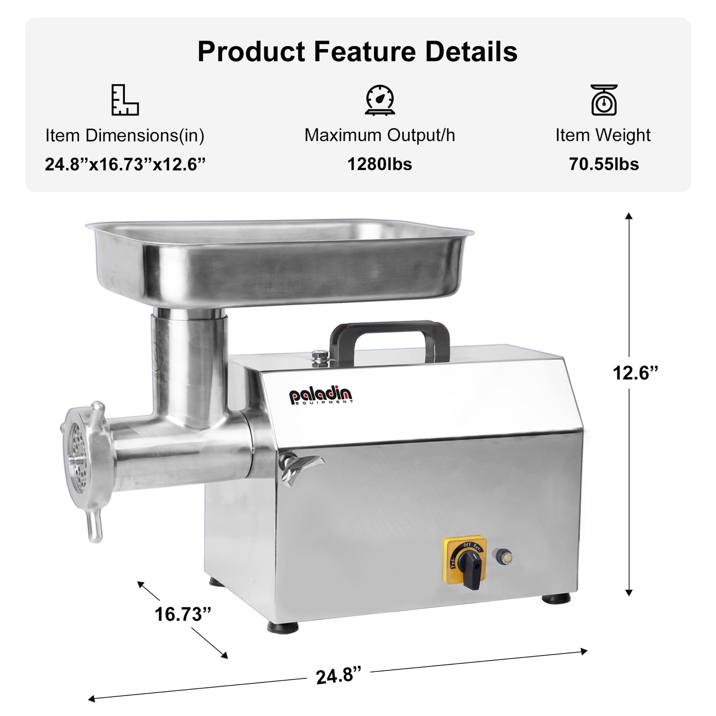 Paladin Equipment #32 Electric Commercial Meat Grinder, 2 HP Heavy Duty Stainless Steel Meat grinder Machine with Sausage Sufffer, 21 lbs Per Minute, Ideal for deer processing, Pet Food,Heavy Use