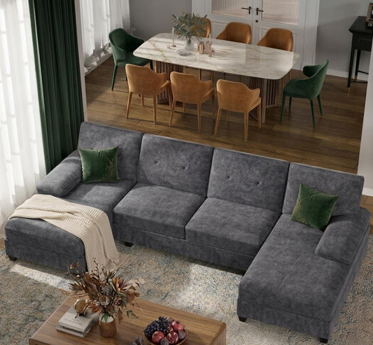 U-Shaped Sectional Sofa with Double Chaise,Linen Fabric 4-Seat Modern Couch, Removable Pillows for Apartment Living Room, Black
