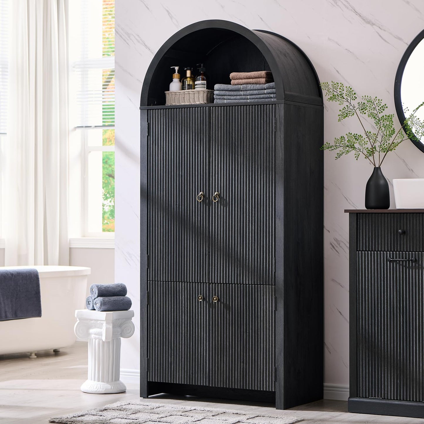 IFBUY 71" Tall Arched Bathroom Storage Cabinet, Modern Fluted Storage Cabinet w/Doors, 3 Adjustable Shelves, 6 Door Shelves, Wood Freestanding Cabinet for Bathroom, Entryway, Hallway, Dark Grey