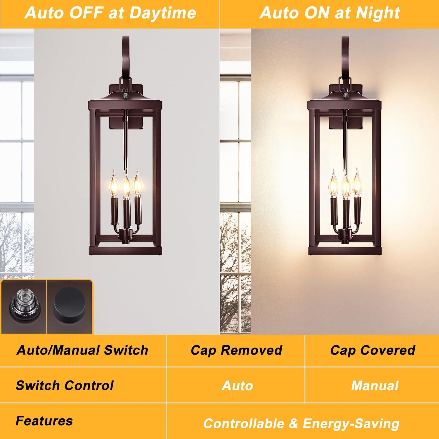 Yolsunes 3-Light Outdoor Wall Sconce, Waterproof Metal Lantern, 24in Extra Large, Oil Rubbed Bronze, 2-Packs