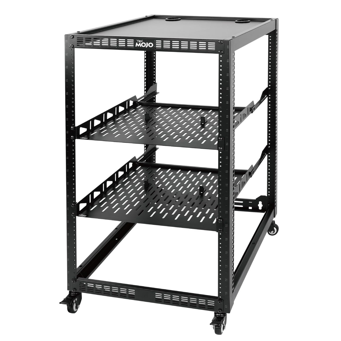 TECMOJO 20U Open Frame Network Rack for IT & AV Gear, 4-Post With Casters, Mobile With 2 PCS 1U Server Shelf & Mounting Hardware, for 19" Network, Audio and Video Device