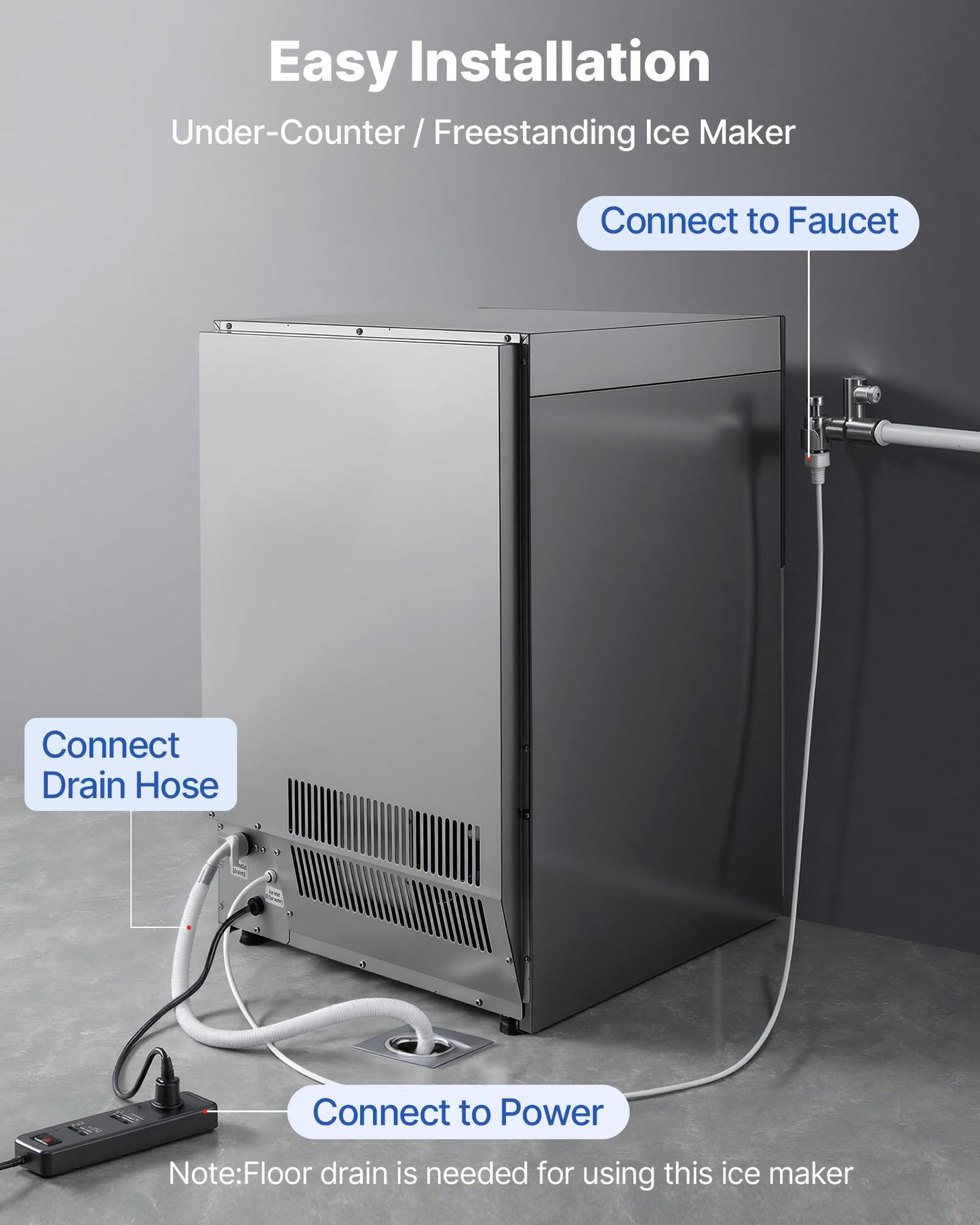 VEVOR Commercial Ice Maker Machine, 200 lbs/24h with 50 lbs Storage Capacity, Built-in/Freestanding/Under Counter, Stainless Steel Ice Maker with LED Display & Self-Cleaning, for Home Bar Restaurant