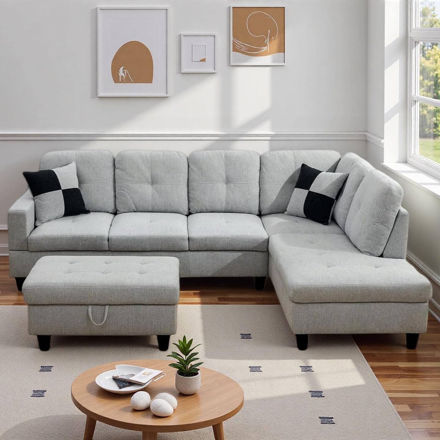 NicBex Sectional Couch 3 Pieces Sofa Set, L-Shaped Modular Couches for Living Room, Furniture Sets with Lounge Chaise & Storage Ottoman, Multi-Scene Use for Apartment & Office, Light Gray