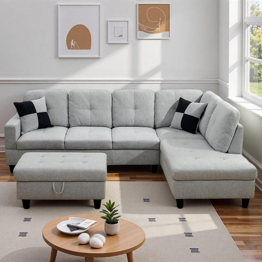 NicBex Sectional Couch 3 Pieces Sofa Set, L-Shaped Modular Couches for Living Room, Furniture Sets with Lounge Chaise & Storage Ottoman, Multi-Scene Use for Apartment & Office, Light Gray