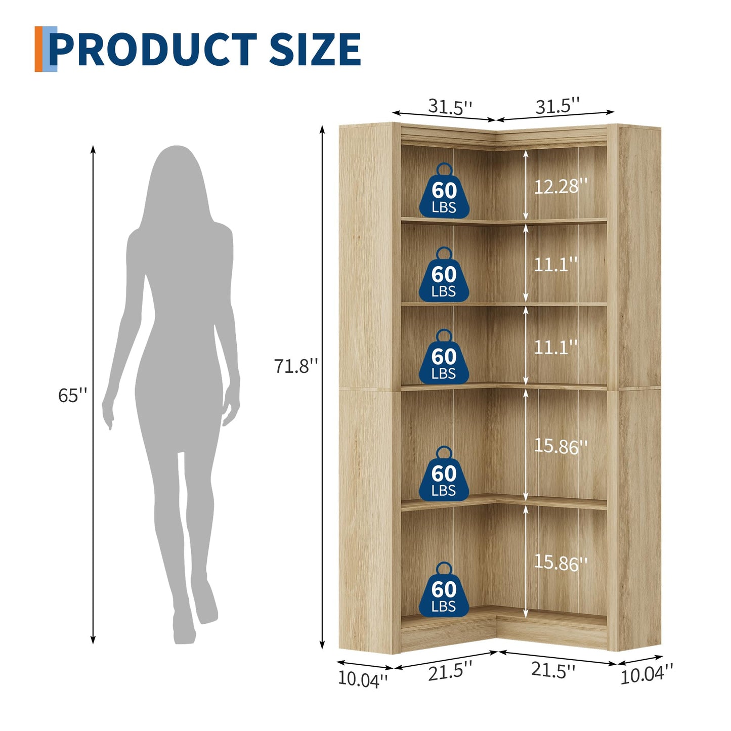 GarveeHome Corner Bookshelf, 71.8 in Farmhouse Corner Bookcase, L-Shaped Bookshelf Large Bookcase, 5 Tier Display Shelf Heavy Duty Bookcases, Bookshelves with Storage (Light Wood)