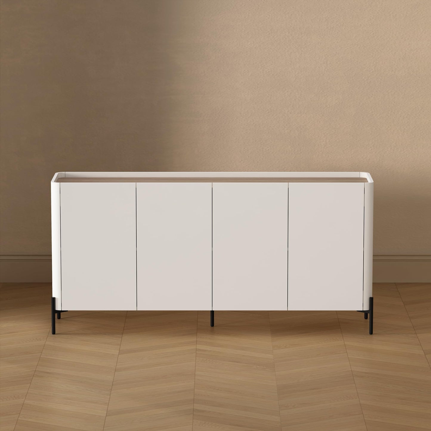 Manhattan Comfort Abbey 67" Sideboard Cabinet, Modern Console Table with Storage, Adjustable Shelves, Kitchen Buffet, Soft Close Doors, Handle-Free Design, Elevated Metal Legs, Maple and Off White