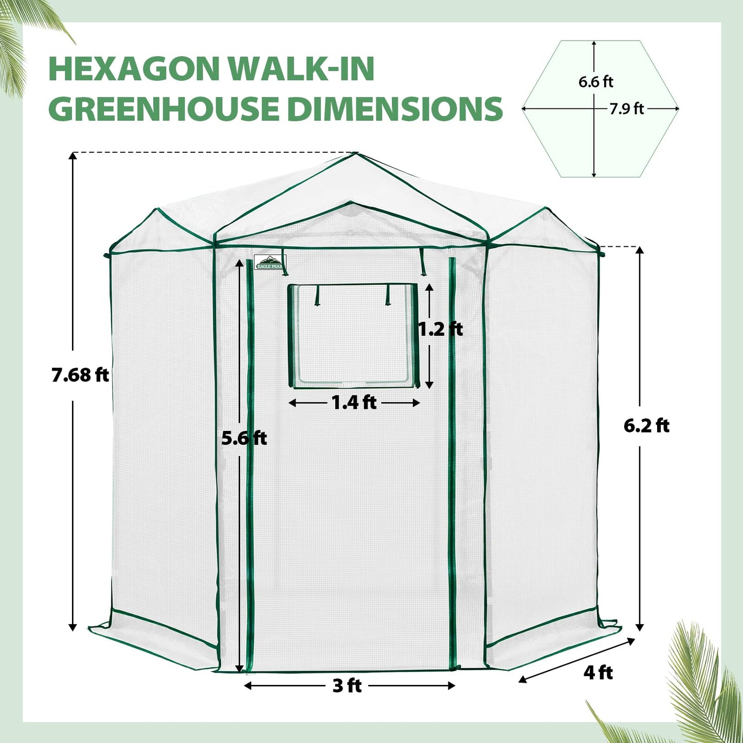 EAGLE PEAK 6.6x6.6 Portable Walk in Greenhouse, Pop Up Indoor Outdoor Greenhouse, Green House Kit with Zippered Roll-Up Doors and Windows, Hexagon Design, PE Cover, Clear/White