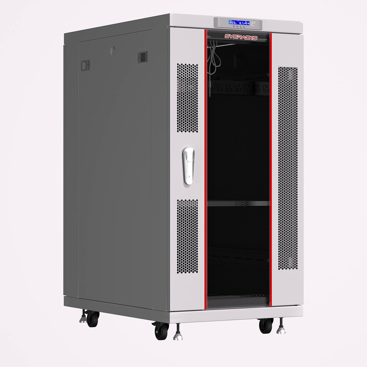 Sysracks 22U 35 Inch Deep Grey White Server Rack IT Network Data Rack Cabinet Enclosure Fully Lockable on Wheels - LCD Screen - Ventilation System - PDU - Glass Door - Rich Accessories Kit