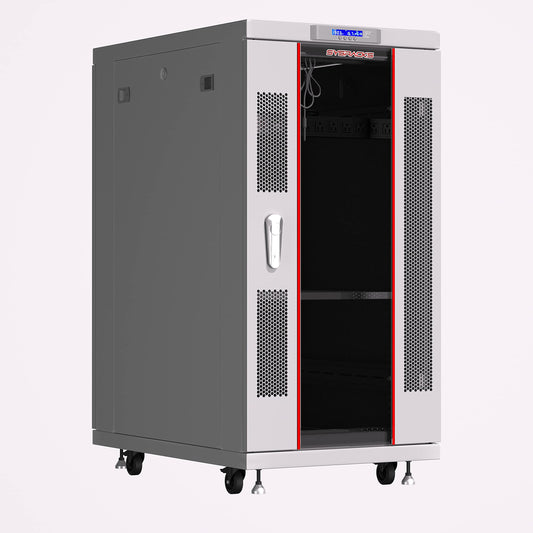 Sysracks 22U 35 Inch Deep Grey White Server Rack IT Network Data Rack Cabinet Enclosure Fully Lockable on Wheels - LCD Screen - Ventilation System - PDU - Glass Door - Rich Accessories Kit
