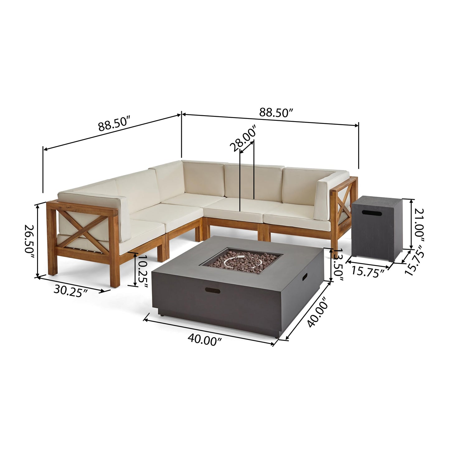 Christopher Knight Home Culatra Outdoor Acacia Wood 5 Seater Sectional Couches Sofa Patio Furniture Set with Fire Pit, 88.5 "W x 88.5 "D x 26.5 "H, Teak + Beige + Dark Gray