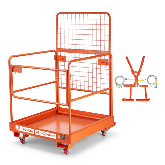 VEVOR Forklift Man Basket, 36.2 x 41.1 Inch Forklift Safety Cage with 4 Wheels, 1200 lbs Capacity, Heavy Duty Work Platform Collapsible Lift Basket, Safety Harness, for Aerial Work Lifting Loader
