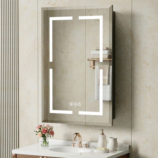 SHYWENHSIU 20"X30" Bathroom Medicine Cabinet with Mirror, LED Lighted Medicine Cabinet with Anti-Fog, 3 Colors Temperature Stepless Dimmable, Metal Cabinet for Storage and Mordern Decor, Black