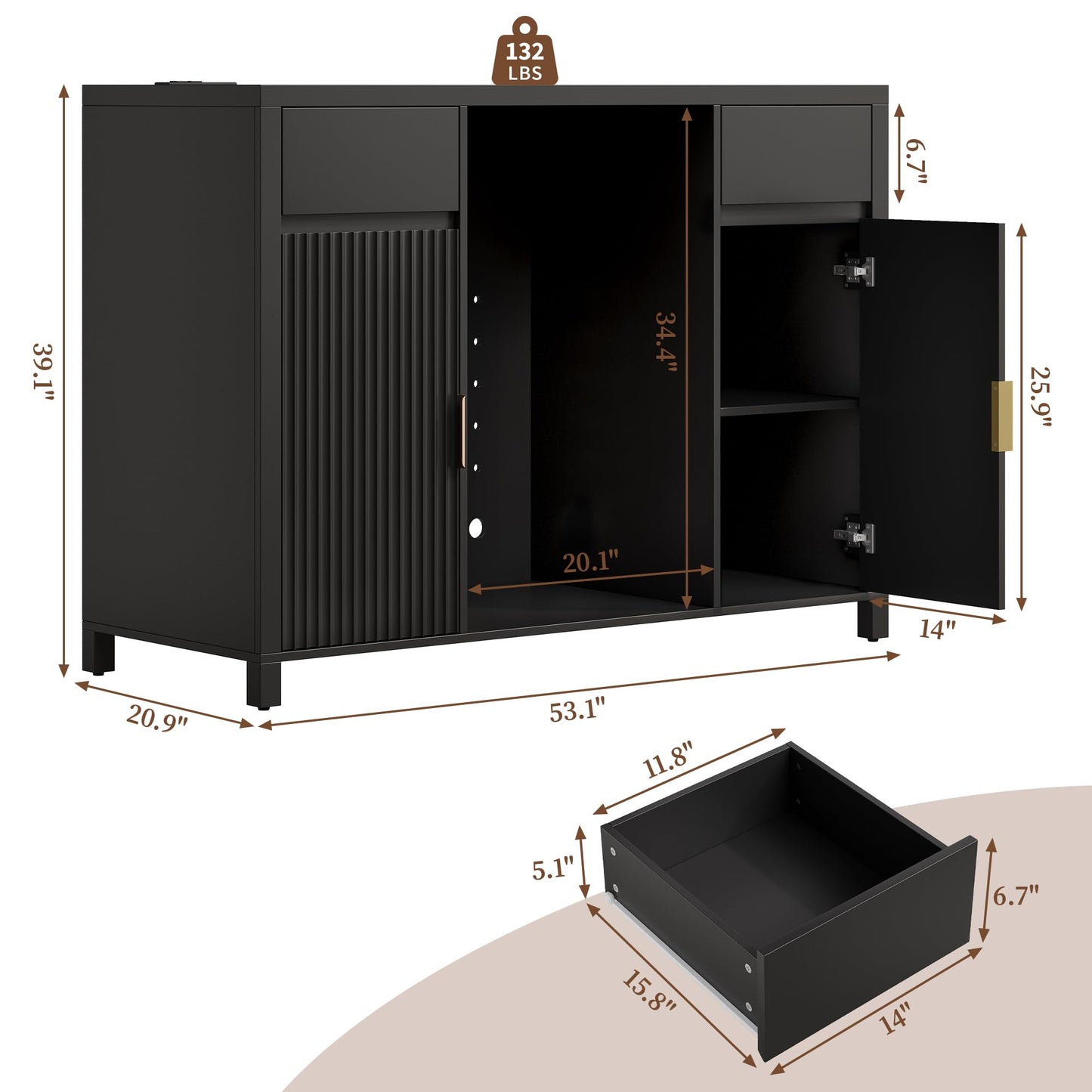 Garvee 53" Coffee Bar Cabinet with Fridge Space & Charging Station, Mini Fridge Cabinet with Wine Rack, Large Buffet Sideboard Table, Fluted Liquor Cabinet for Living Room, Dining Room, Kitchen, Black