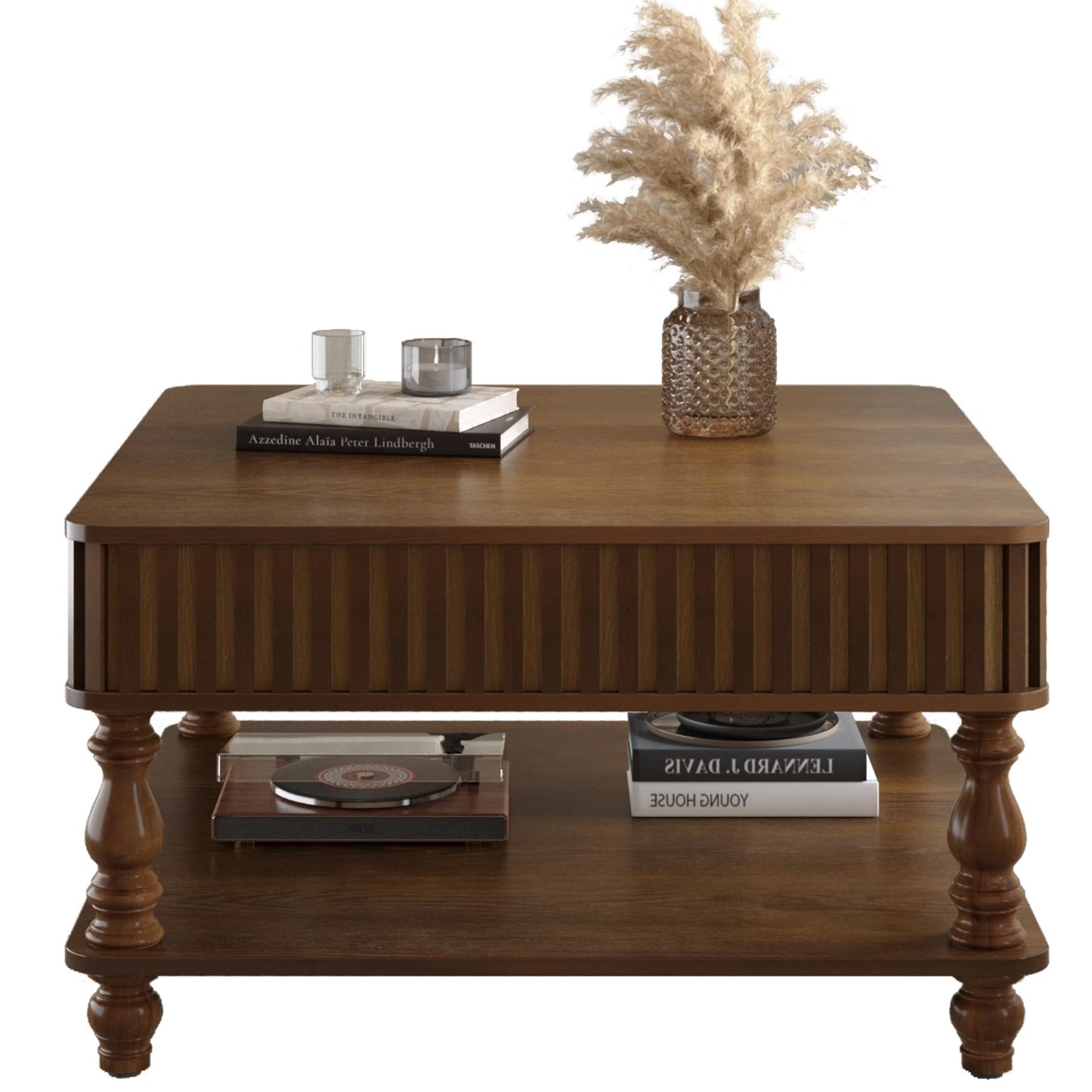 HARR Lift Top Square Coffee Table with Storage, 31.5'' Sofa Side End Table, Fluted Design Hydraulic Raising Mechanism, Hidden Compartment & Open Shelf, Retro Solid Wood Legs for Living Room, Walnut