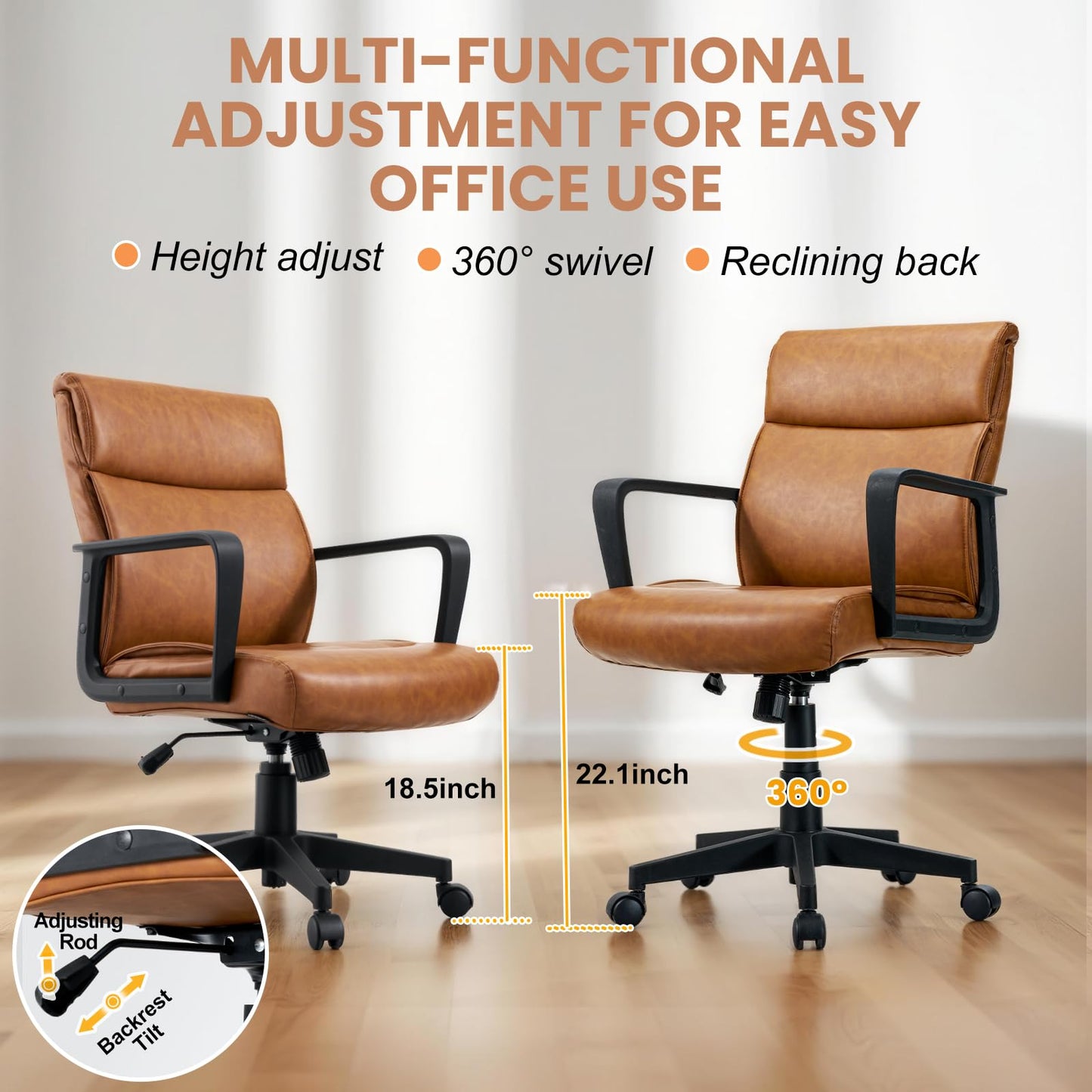 Artswish Brown Leather Office Chair, Mid-Back Ergonomic Computer Chair with Wheels Arms, 360° Swivel Adjustable Task Chair with Rolling Casters for Home Office, Bedroom, Study