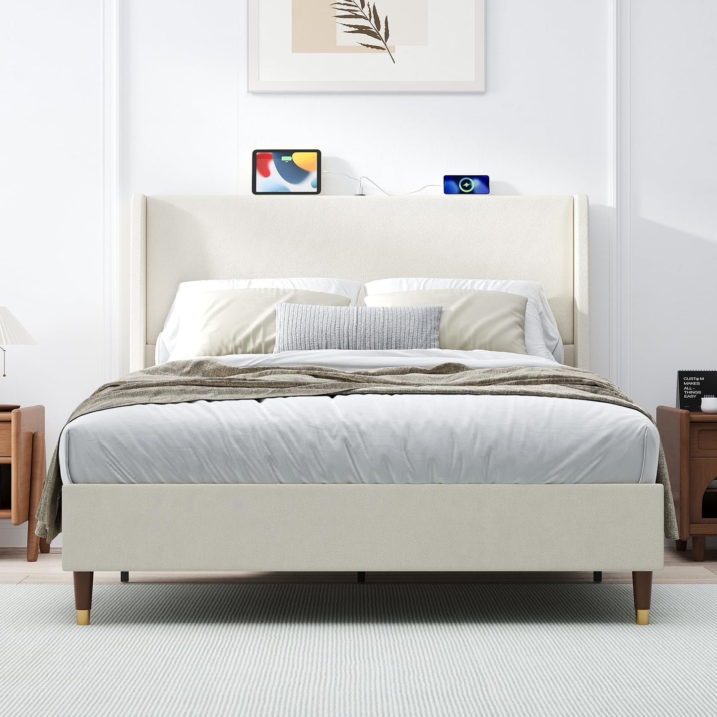 MALOL Queen Size Bed Frame with Upholstered Headboard, Linen Fabric Platform Bed Frame with USB Charging Ports, No Box Spring Needed, Sturdy Metal Support, Noise Free, Modern Bedroom Furniture,Beige