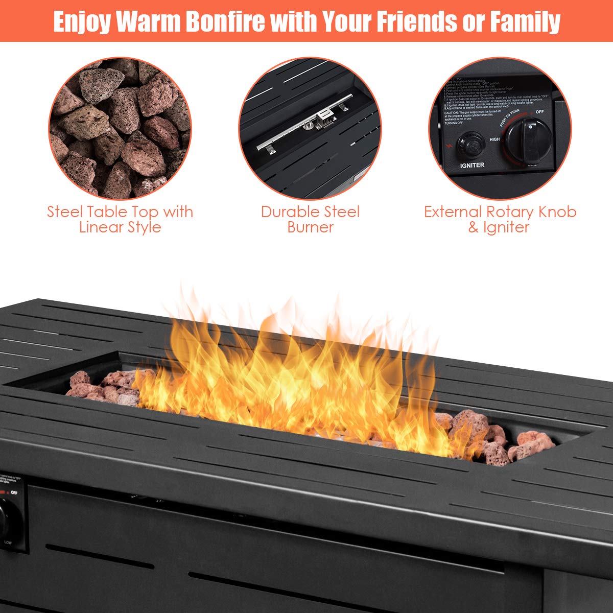 DORTALA 42'' Rectangular Propane Gas Fire Pit Table, 60,000 BTU Heater Outdoor Table W/Cover, Propane Heater, Burner Stove Fire Table for Outdoor Use, Black