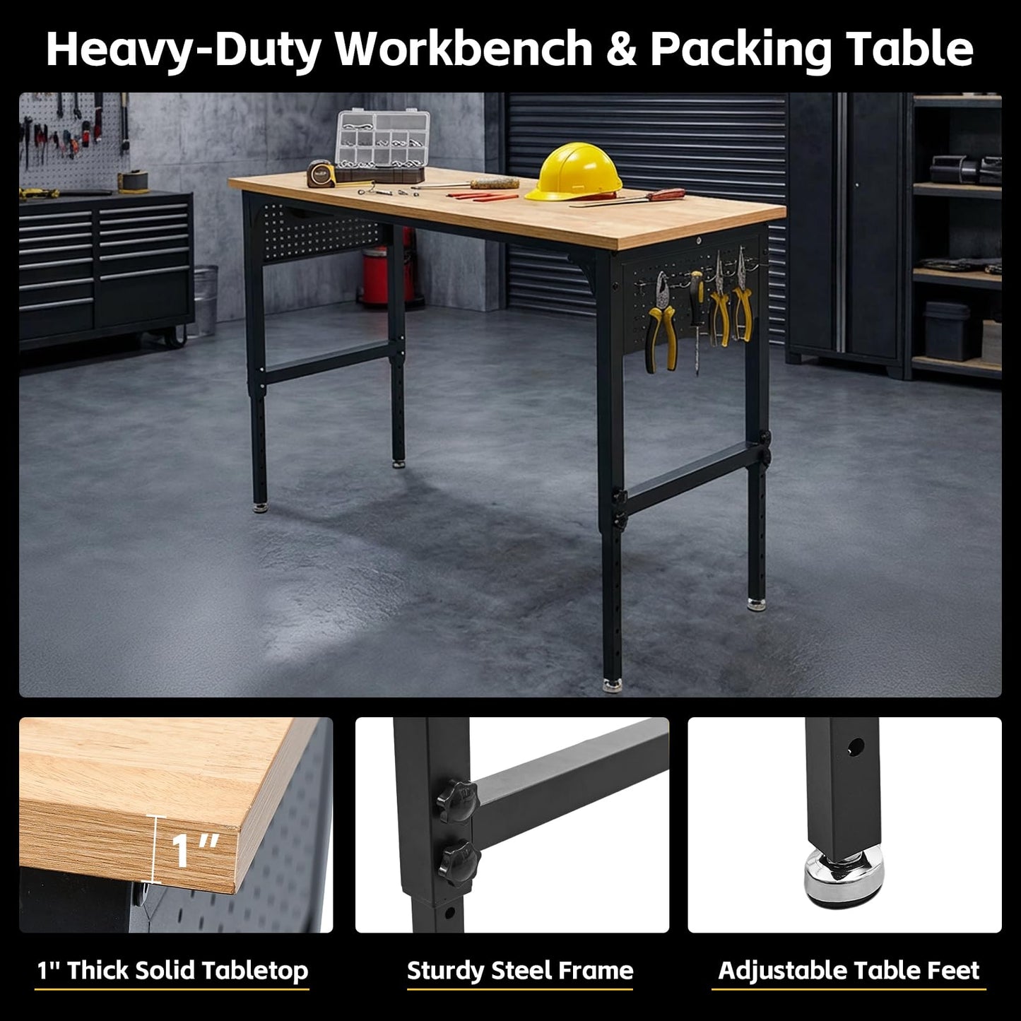 60" Heavy-Duty Garage Workbench, 2300LBS Capacity Work Table with Power Strip, Work Bench for Garage, Workshop, Office, Warehouse & Home