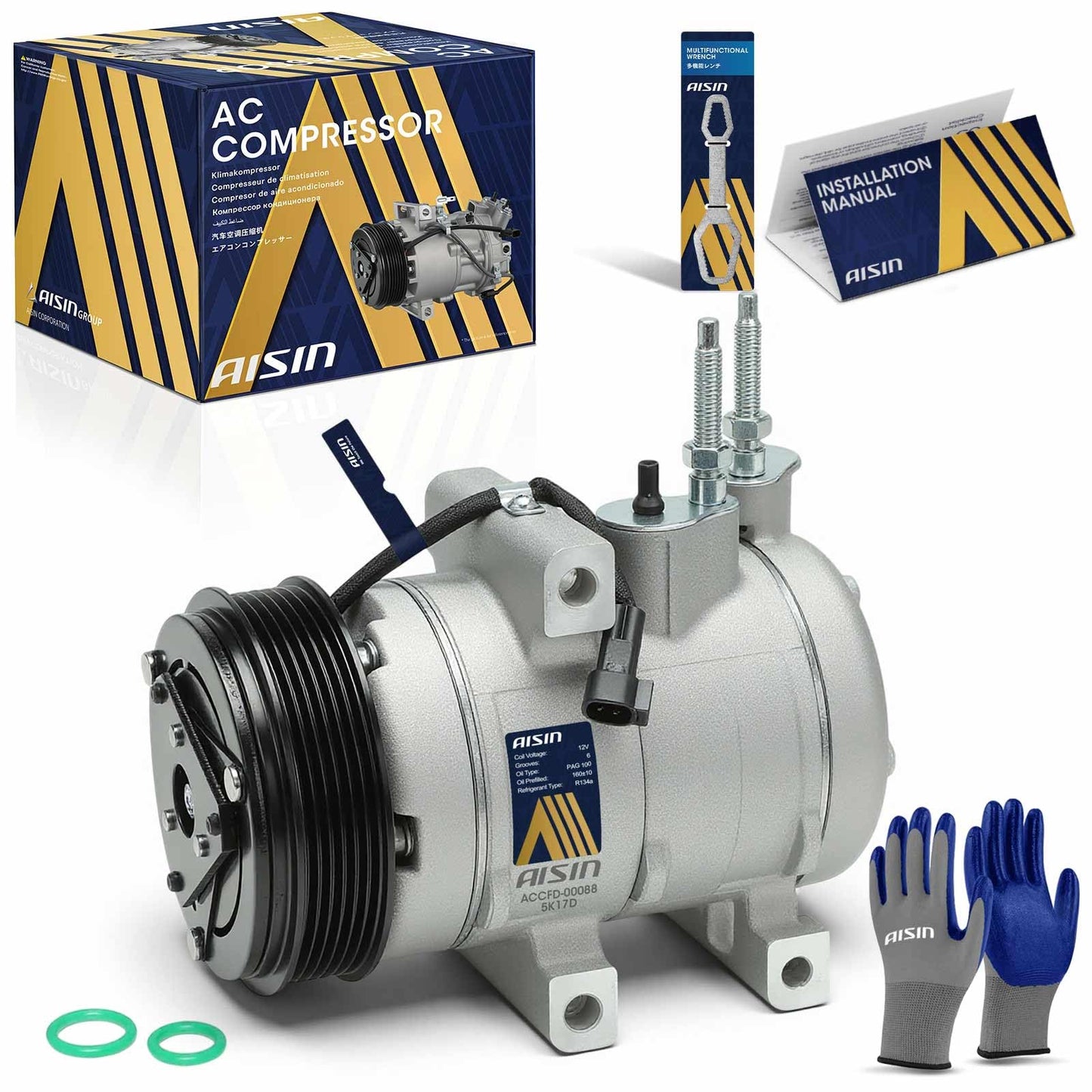 AISIN AFTERMARKET ACCFD-00088 Air Conditioner AC Compressor - Compatible with Ford Mustang 2007-2009, E-150 E-250 2007-2014, E-350 E-450 Super Duty 2007-2019 - with 6-Pulley Groove, with Clutch