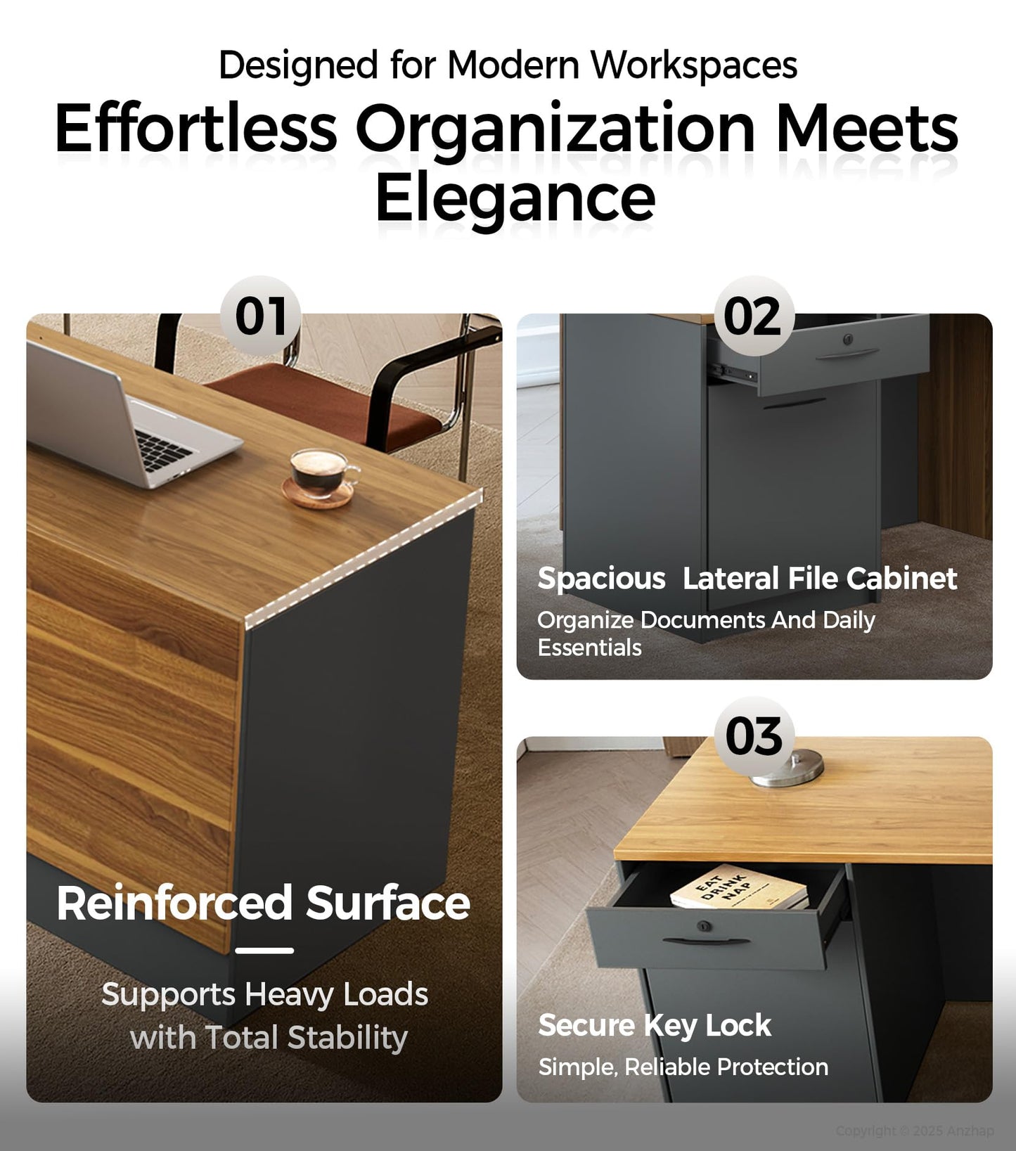 Modern L-Shaped Reception Desk with Counter - 87 inch Front Desk with Storage Cabinet, Open Shelves, Lockable Drawer & Keyboard Tray for Office, Lobby, Checkout (Dark Walnut & Iron Gray - Left)