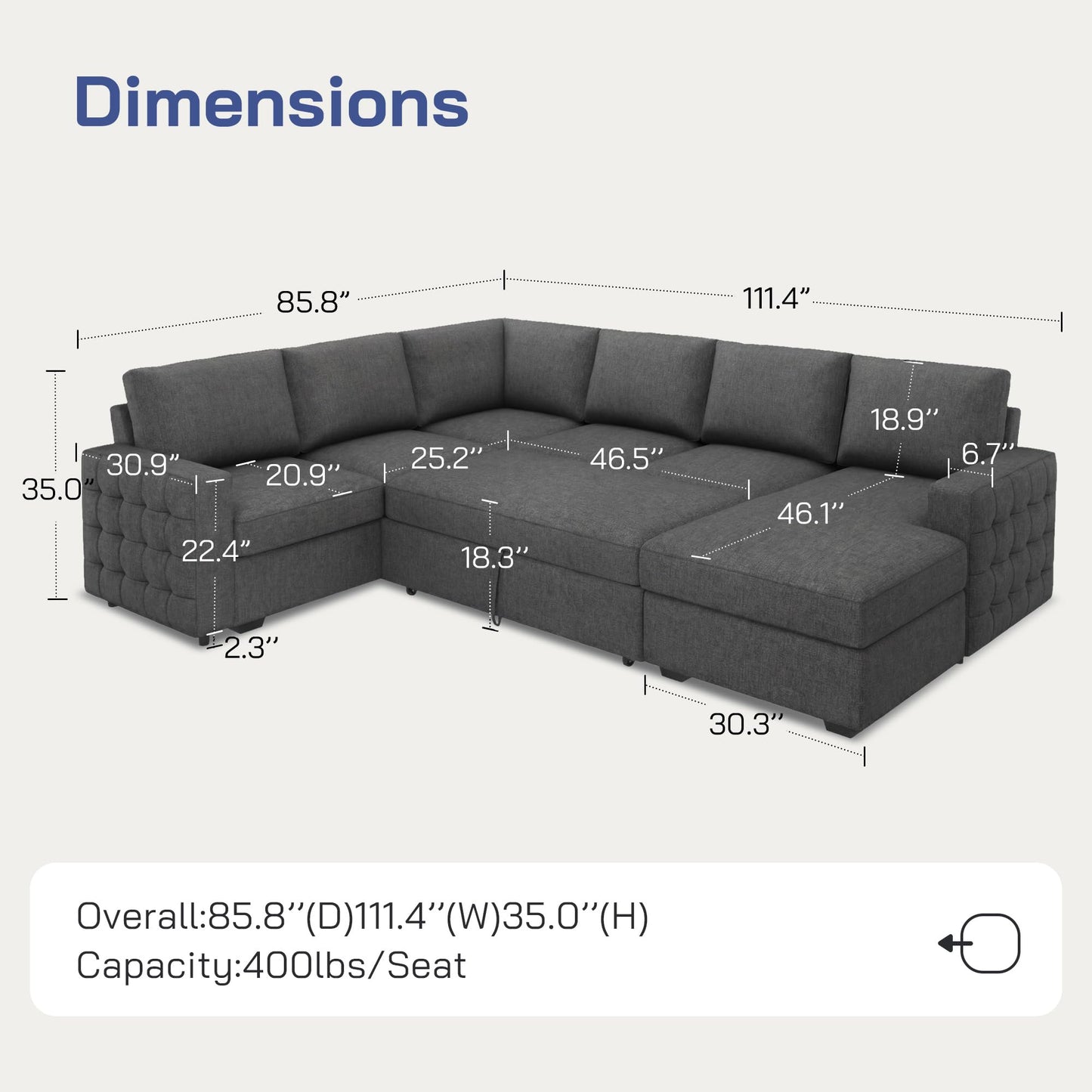 Leathaire 111 Inch Sectional Sleeper Sofa with Pull Out Bed, U Shaped 6 Seat Modular Sectional Couch with Storage for Living Room, Light Grey