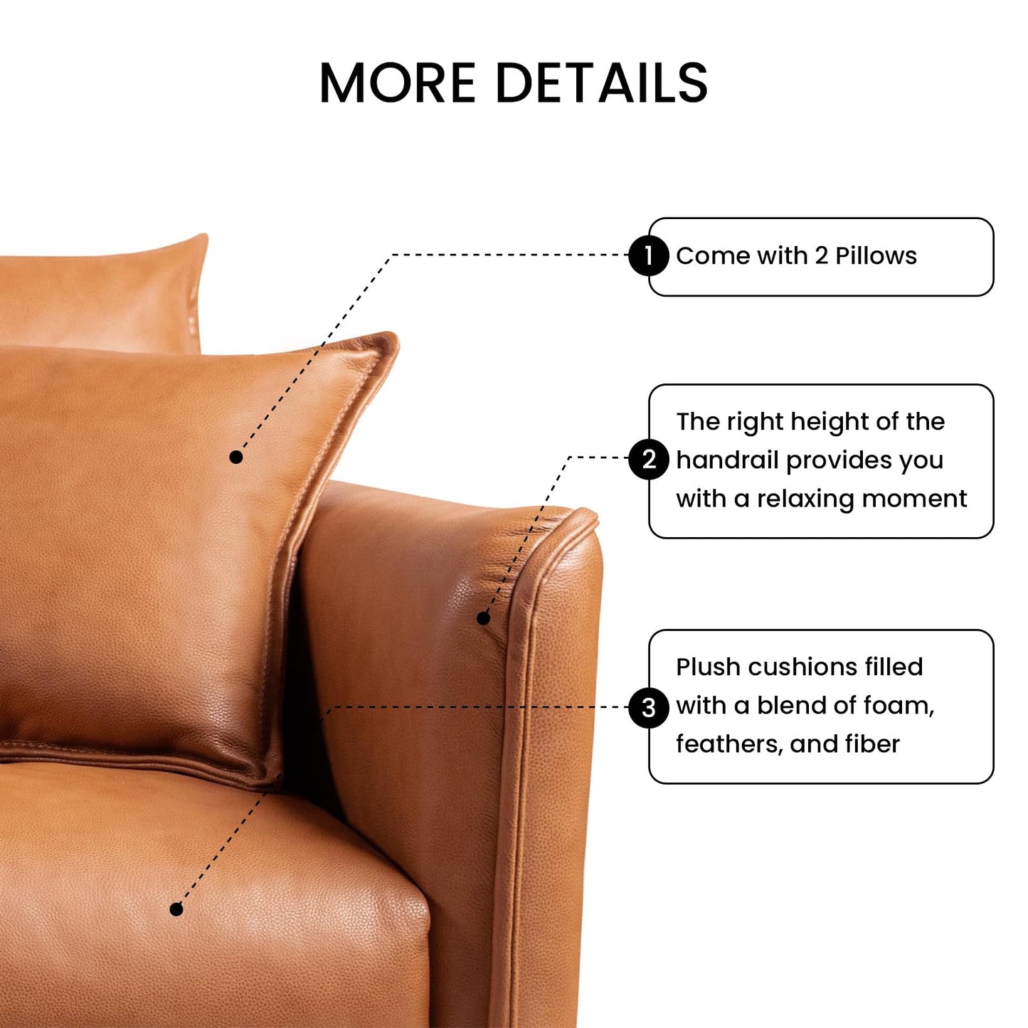 Valencia Jasper 85" Cognac Tan Brown 3 Seater Full Leather Couch | Mid Century Sofa with 2 Pillows for Living Room Furniture | Plush Cushions, Nappa Leather Lounge Couch