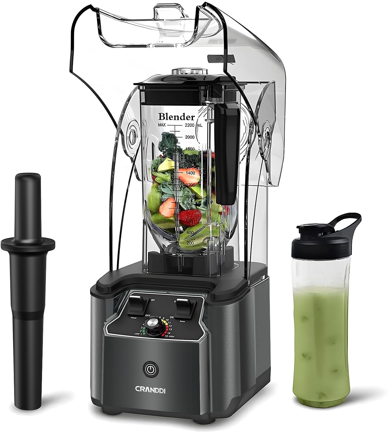CRANDDI Quiet Commercial Blender with Soundproof Shield, 2200 Watt Professional Blenders for Kitchen with 80oz Jar and Self-Cleaning, High-Speed Blenders K90 Grey