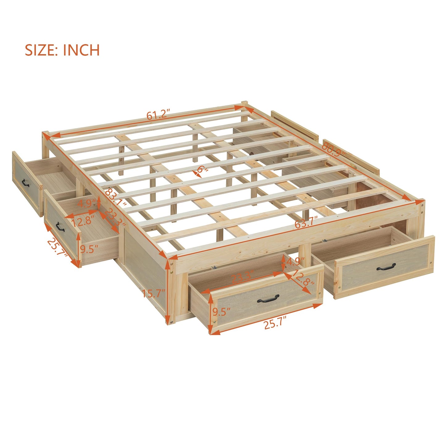 Ball & Cast Queen Size Bed Frame,Wooden Platform Bed with 6 Storage Drawers and Solid Wood Slats Support,No Box Spring Needed,Easy Assembly,Antique Natural