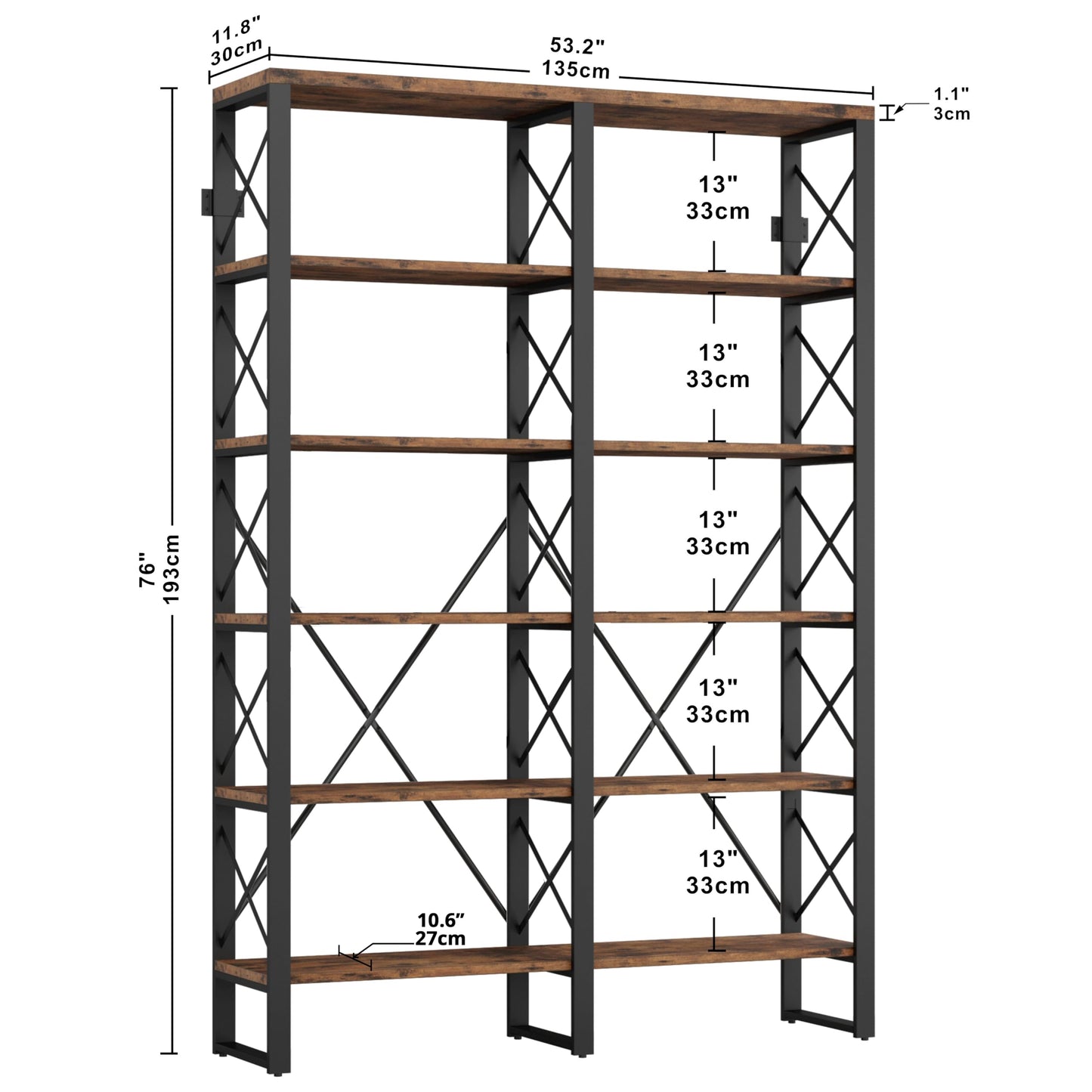 IRONCK Bookshelf Double Wide 6-Tier 76" H, Open Large Bookcase, Industrial Style Shelves, Wood and Metal Bookshelves for Home Office, Easy Assembly