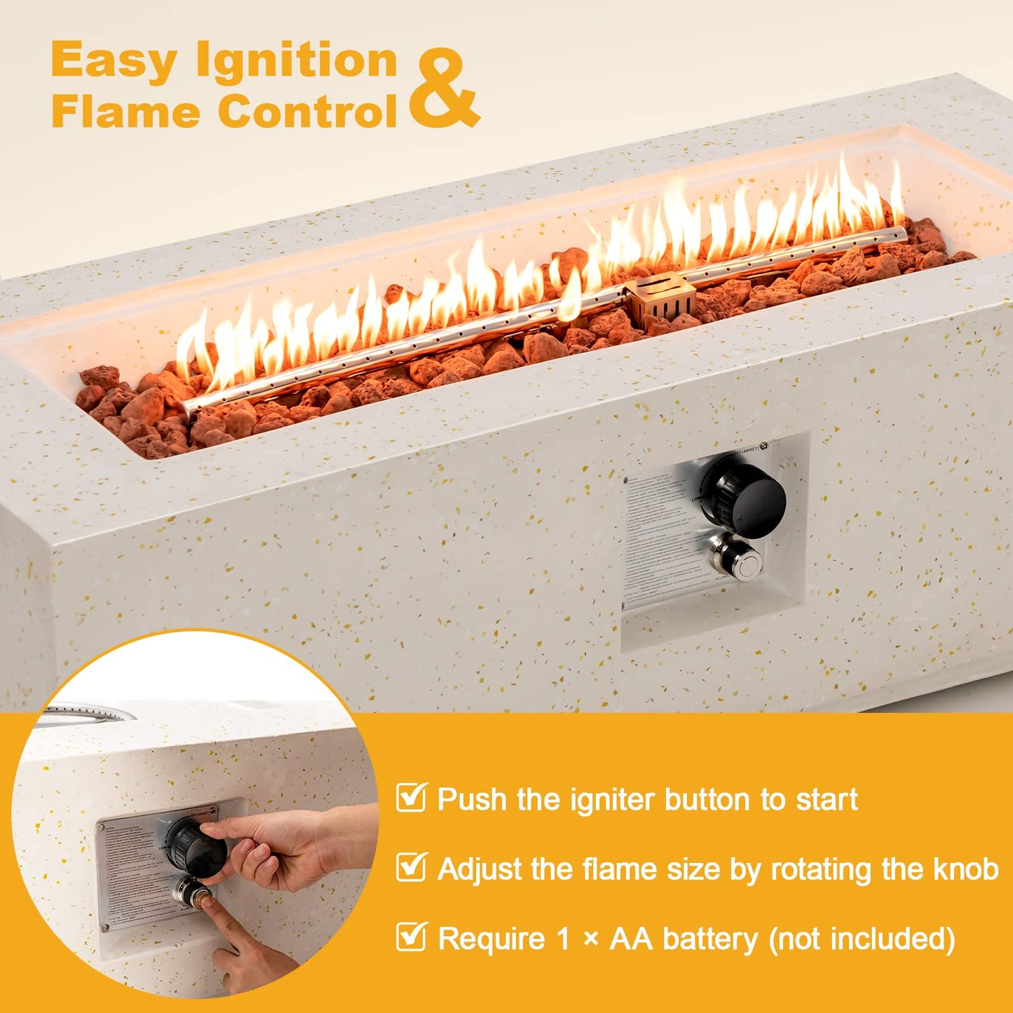 COSTWAY 42" Rectangle Fire Pit Table, Terrazzo Propane Gas Fire Table, Simple Ignition System & Stainless Steel Burner, Protective PVC Cover Included, Outdoor Fire Pit for Backyard, Garden